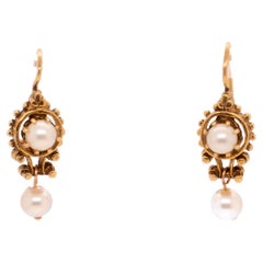 Pair of 14k Gold and Cultured Pearl Etruscan Revival Style Earrings