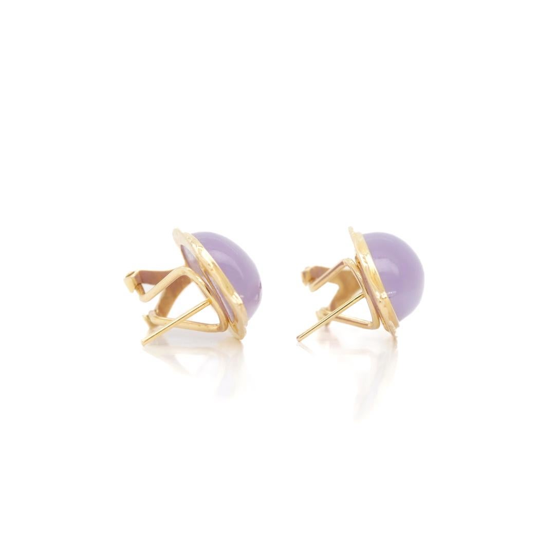Pair of 14k Gold and Lavender Jade Teardrop Cabochon Earrings For Sale 6