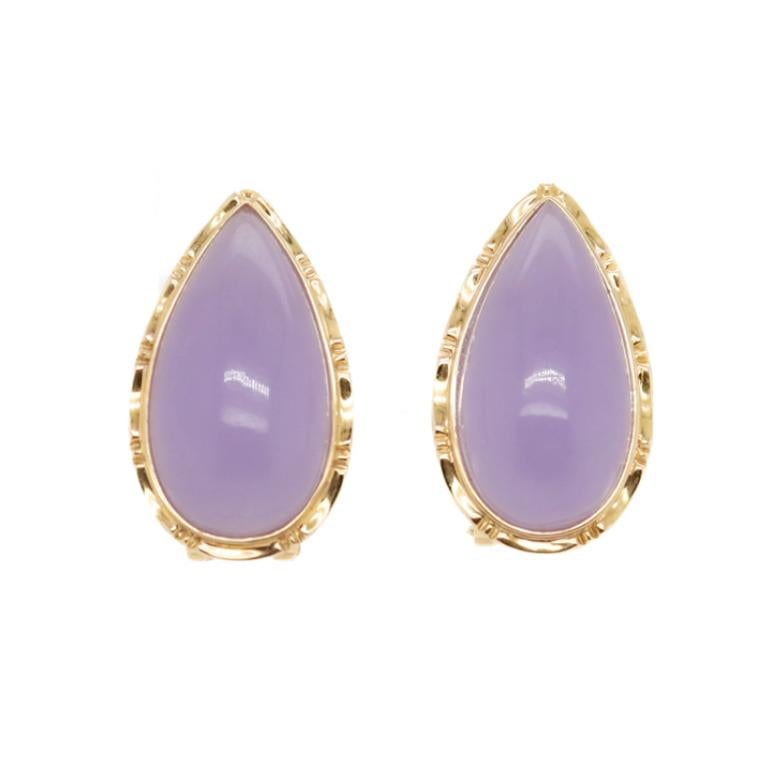 Pair of 14k Gold and Lavender Jade Teardrop Cabochon Earrings In Good Condition For Sale In Philadelphia, PA