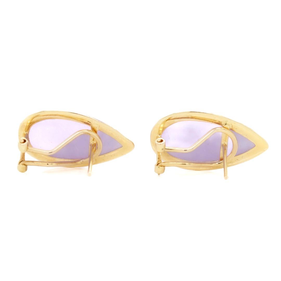 Pair of 14k Gold and Lavender Jade Teardrop Cabochon Earrings For Sale 5