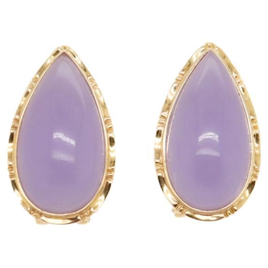 Pair of 14k Gold and Lavender Jade Teardrop Cabochon Earrings For Sale