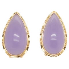Pair of 14k Gold and Lavender Jade Teardrop Cabochon Earrings