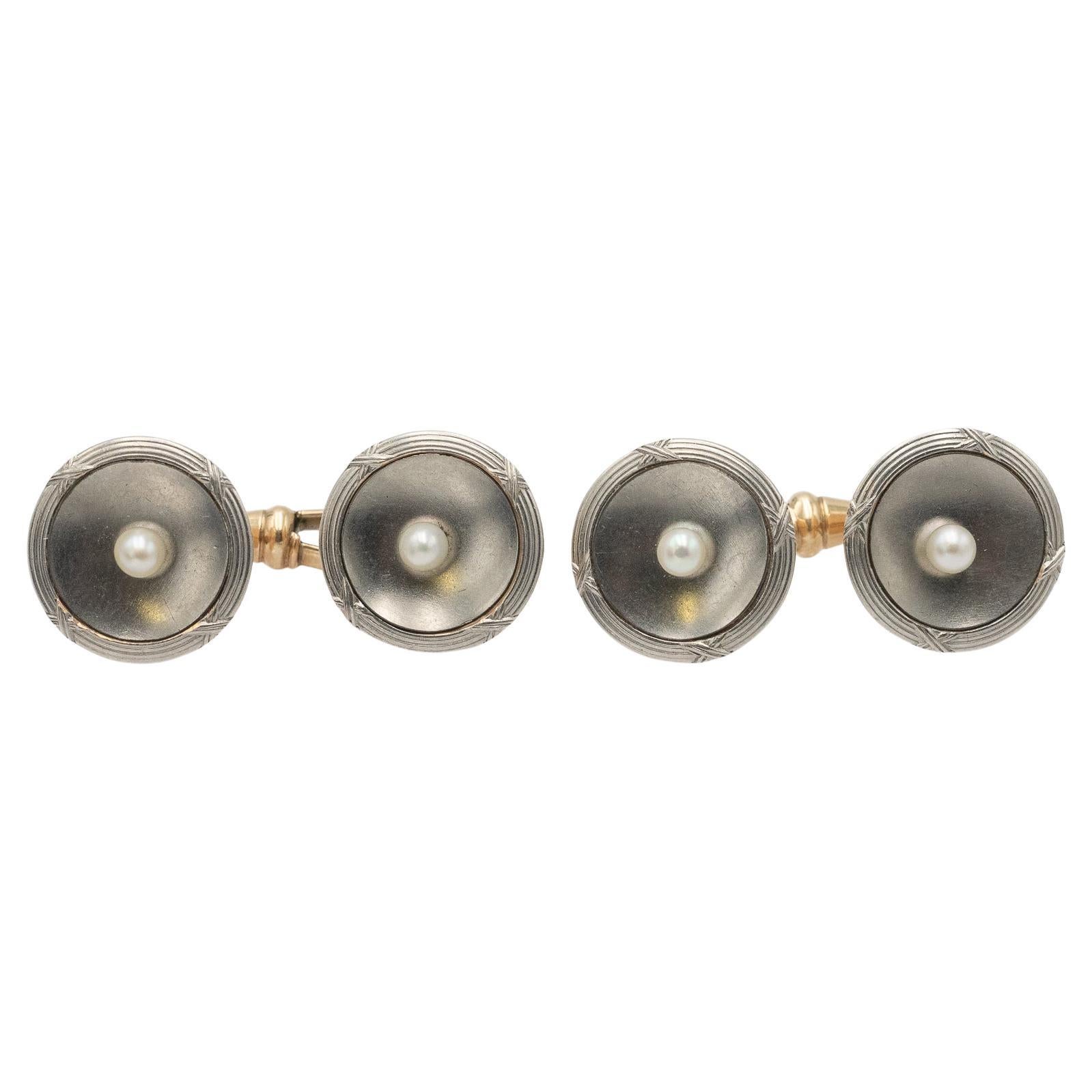 Coppia di gemelli in oro e argento 14k con perle, Ungheria, metà del XX secolo