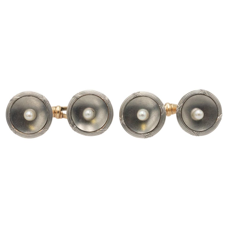 Boutons De Manchette Anciens En Or Massif Avec Perles & Diamant - Occasion En Très Bon état