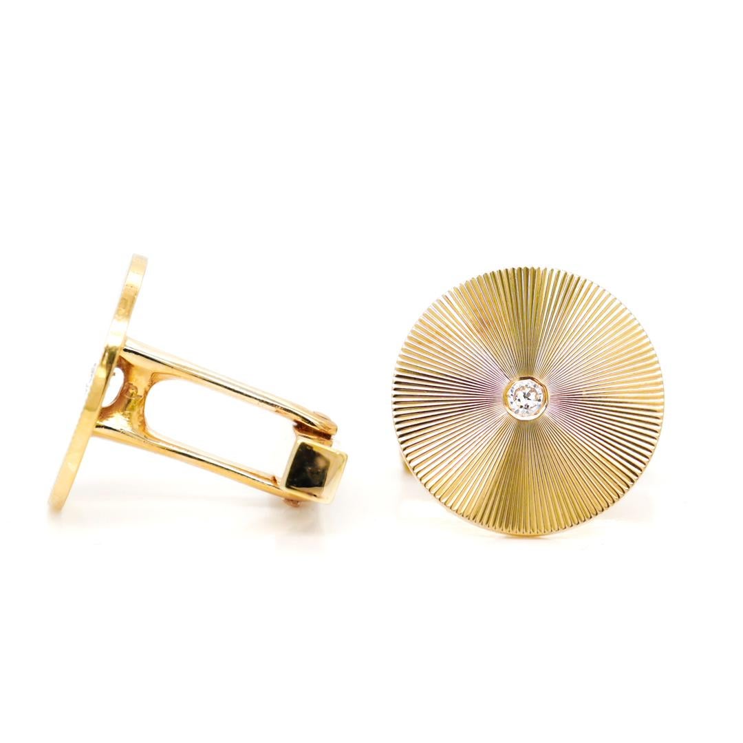 Round Cut Pair of 14k Gold & Diamond Tiffany & Co. Mid-Century Modern Round Cufflinks For Sale