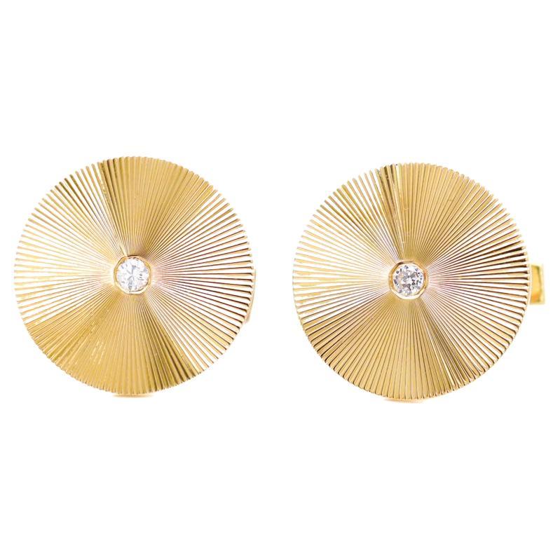 Pair of 14k Gold & Diamond Tiffany & Co. Mid-Century Modern Round Cufflinks For Sale