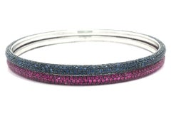 Pair of 14k Gold Domed Pave Pink & Blue Sapphire Slip On Bangles Bracelets