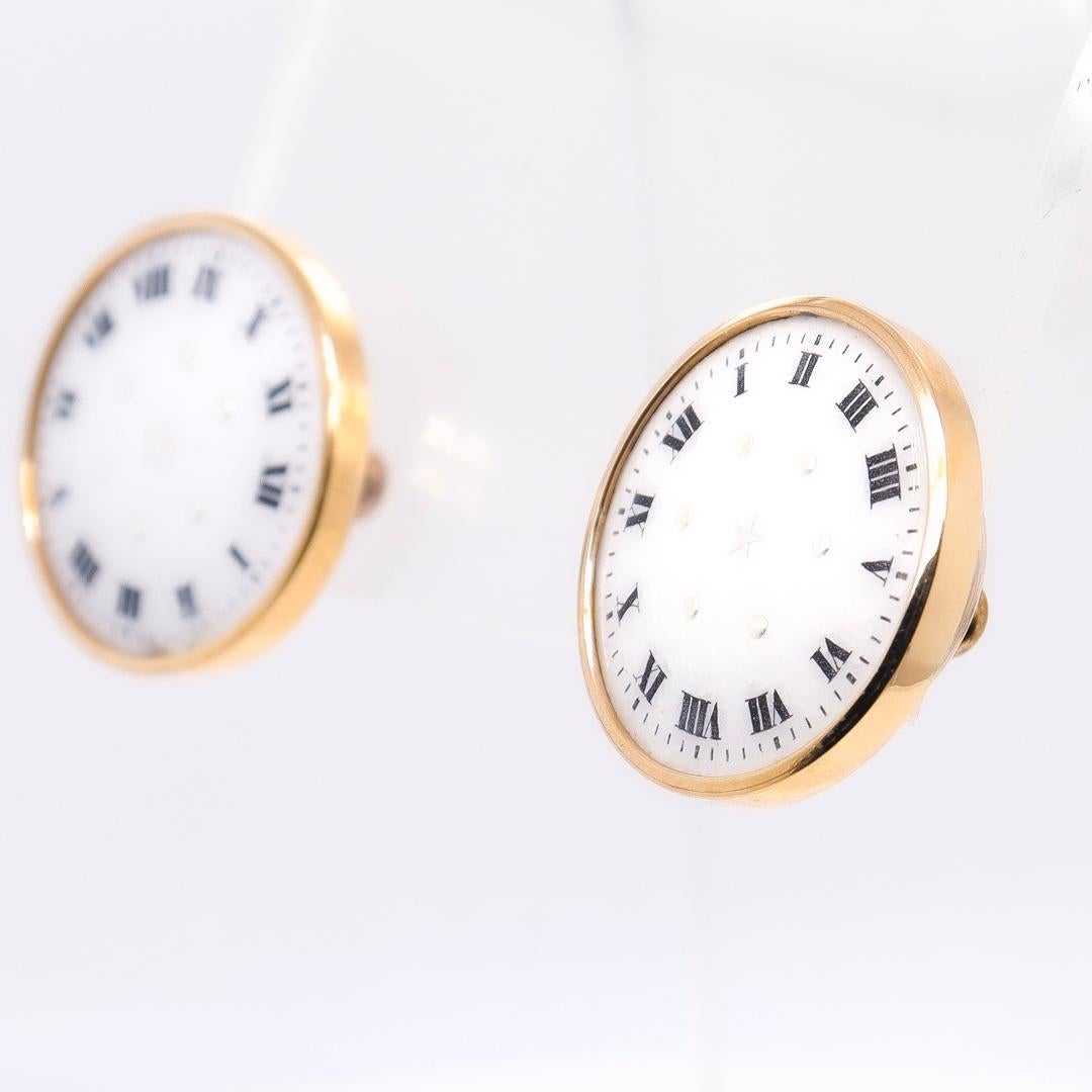 Pair of 14k Gold & Enamel Clockface Stud Earrings For Sale 1