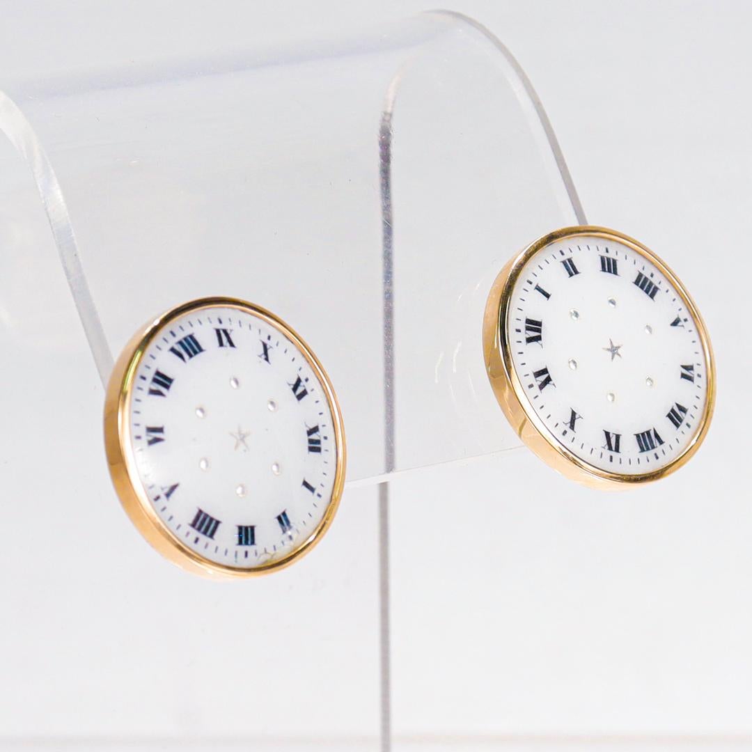 Pair of 14k Gold & Enamel Clockface Stud Earrings For Sale 3