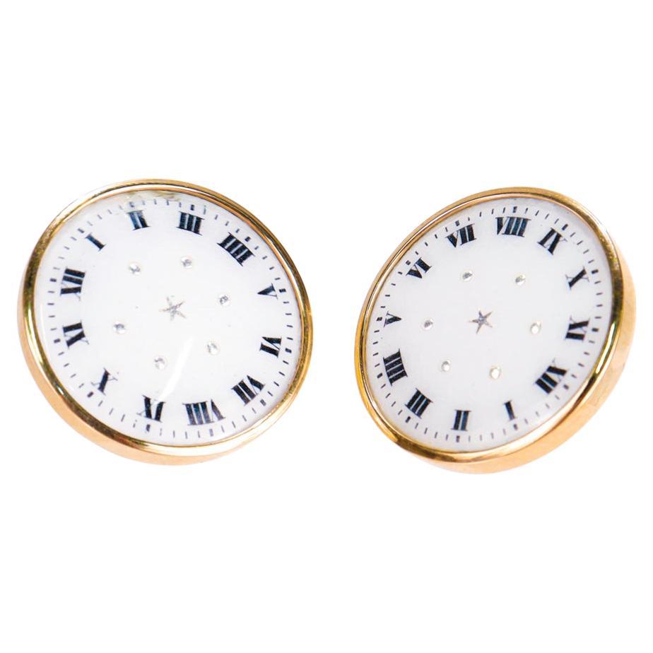 Pair of 14k Gold & Enamel Clockface Stud Earrings For Sale