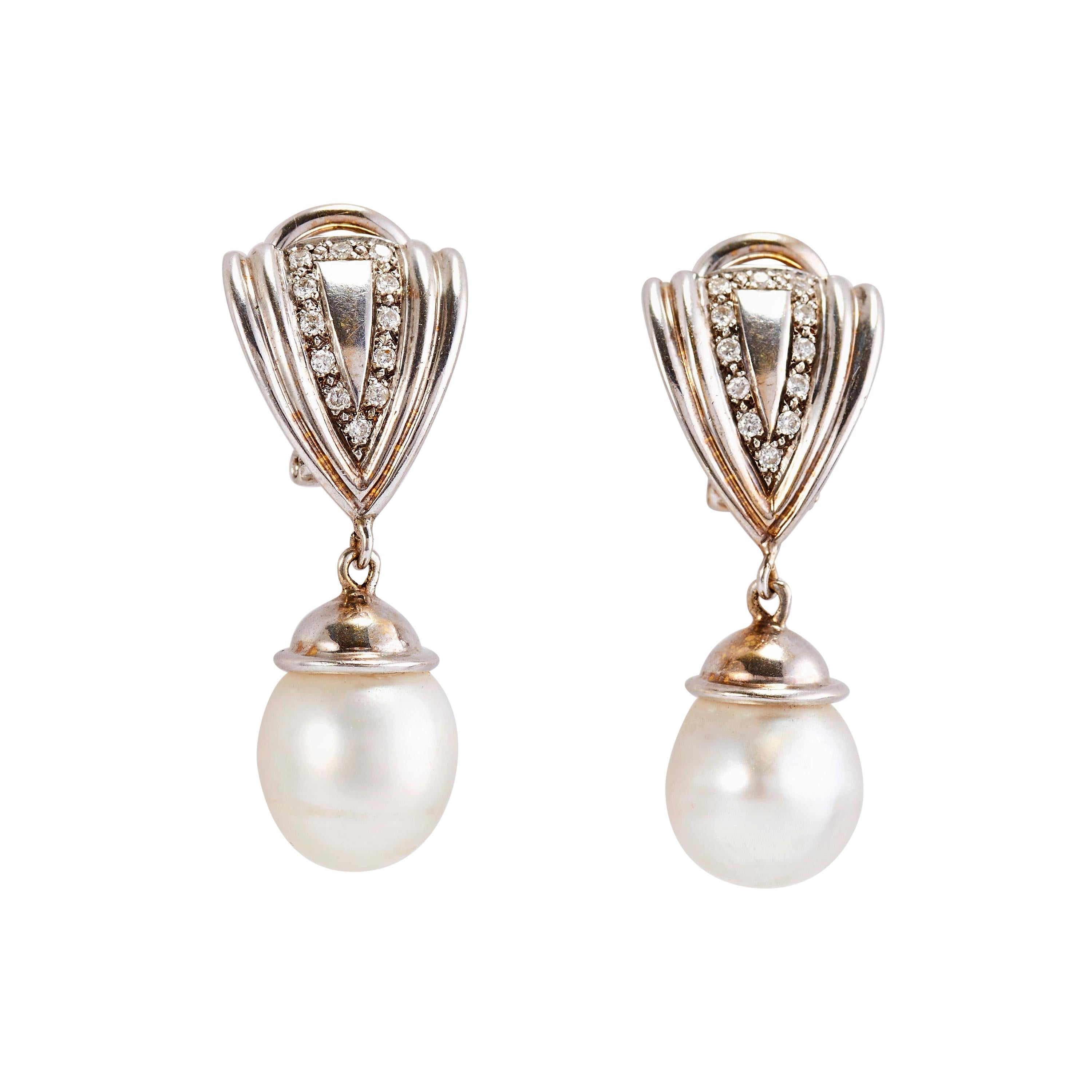 Pair of 14k White Gold Diamond and Pearls Earrings For Sale