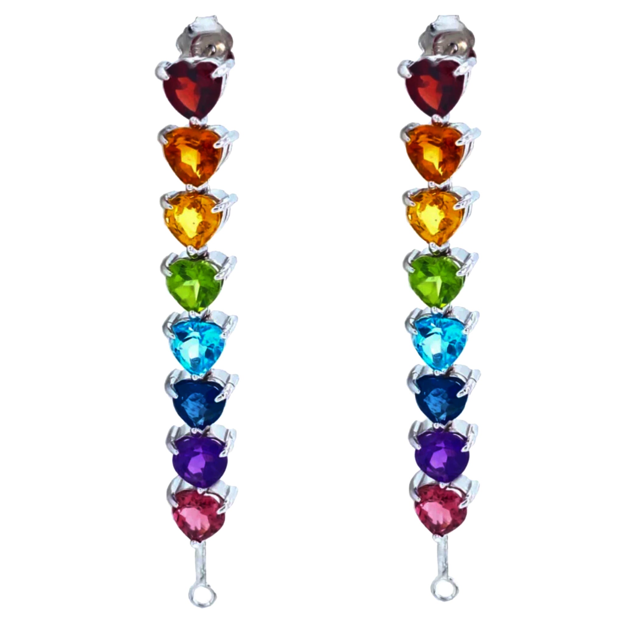 Paar 14K Weißgold Regenbogen Herz Ohrringe