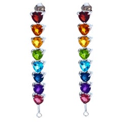 Pair of 14K White Gold Rainbow Heart Drop Earrings