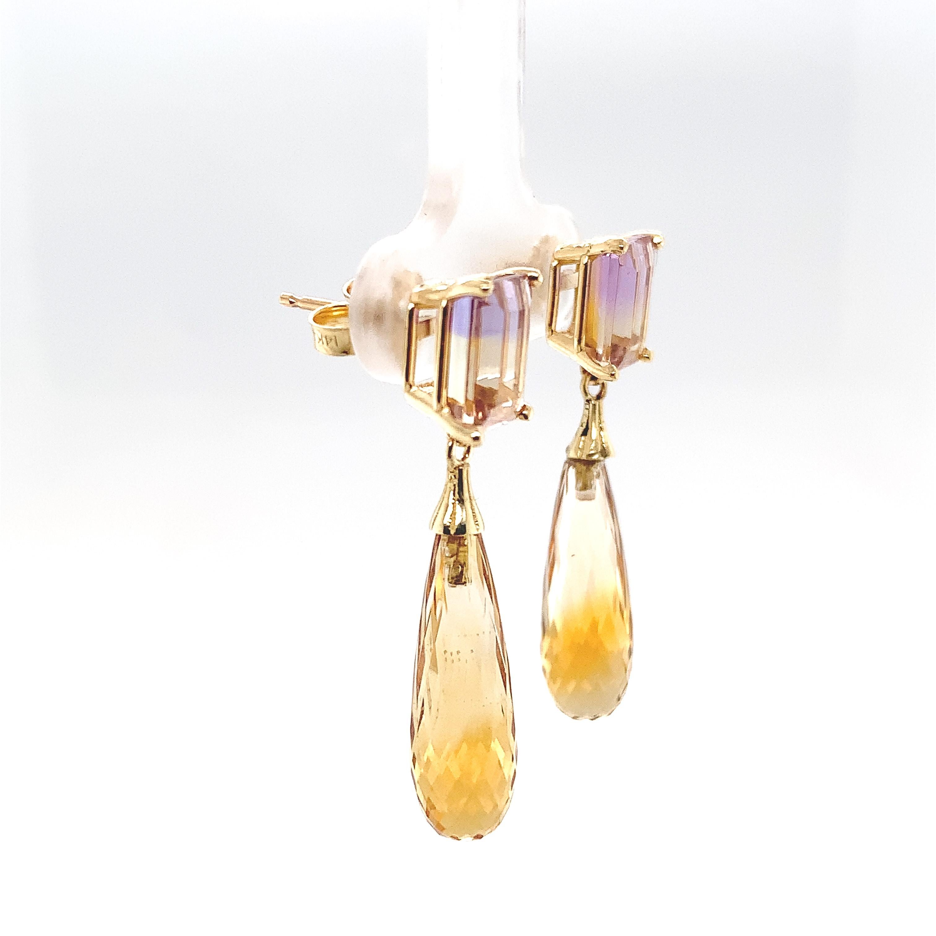 Contemporary Pair of 14K Yellow Gold Ametrine Earrings with Citrine Briolette Drops For Sale