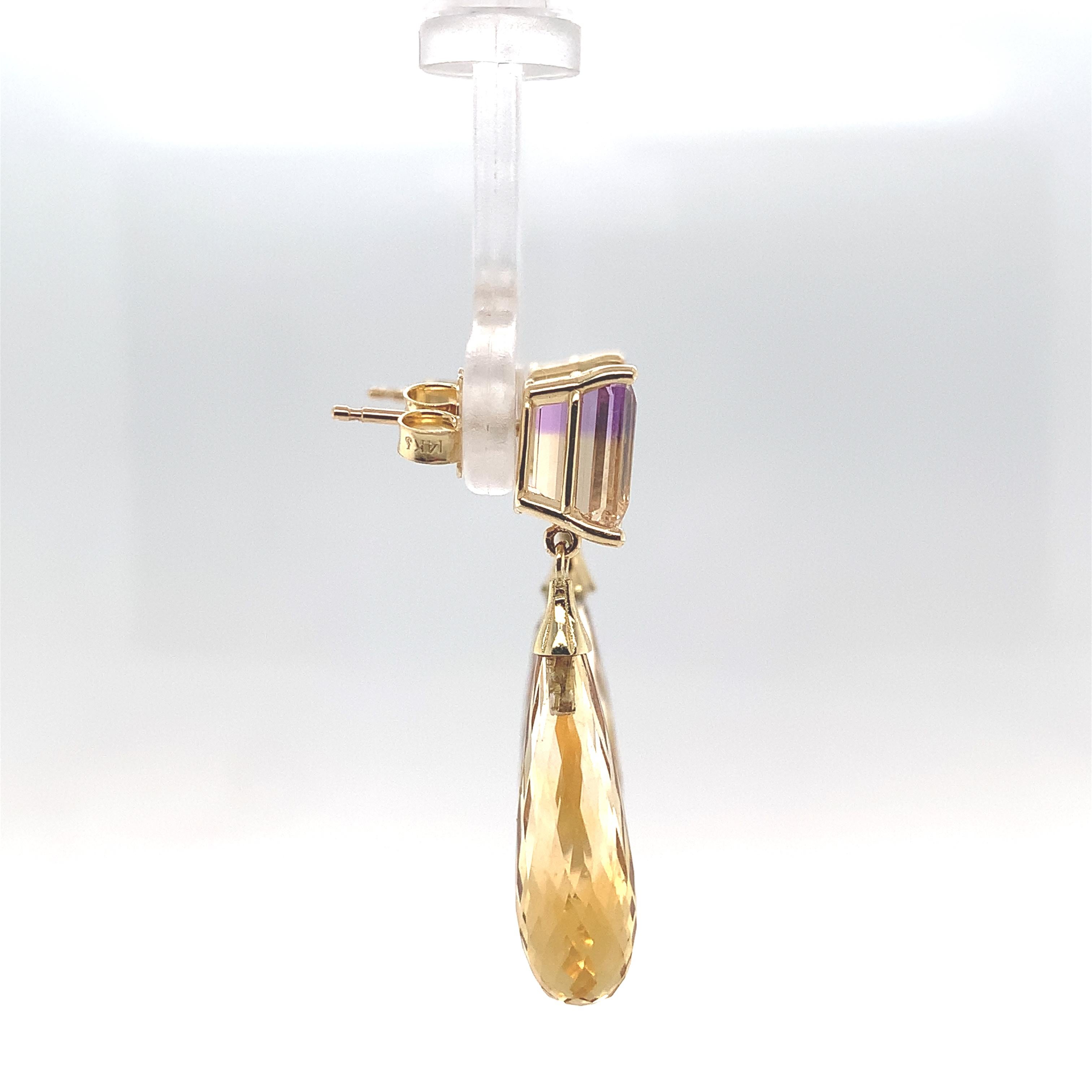 Emerald Cut Pair of 14K Yellow Gold Ametrine Earrings with Citrine Briolette Drops For Sale