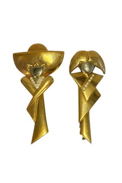 Ein Paar Broschen aus 14K Gelbgold und Diamanten, signiert "Birks"