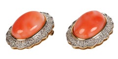 Pair of 14K Yellow Gold Coral Diamond Clip on Earrings