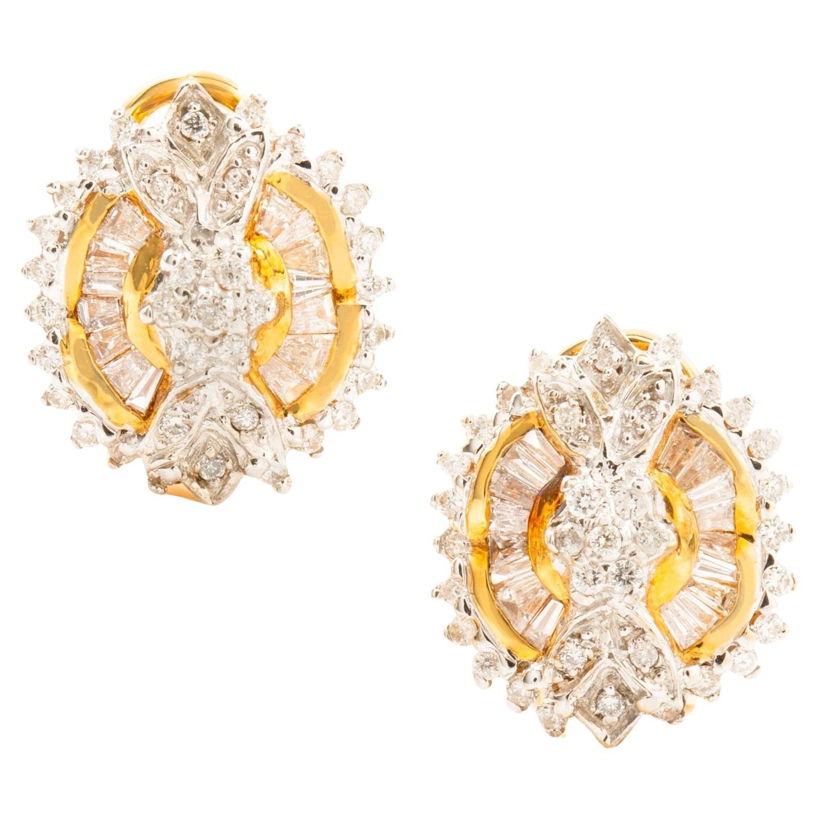 Paire de boucles d'oreilles en or jaune 14K et pierres précieuses