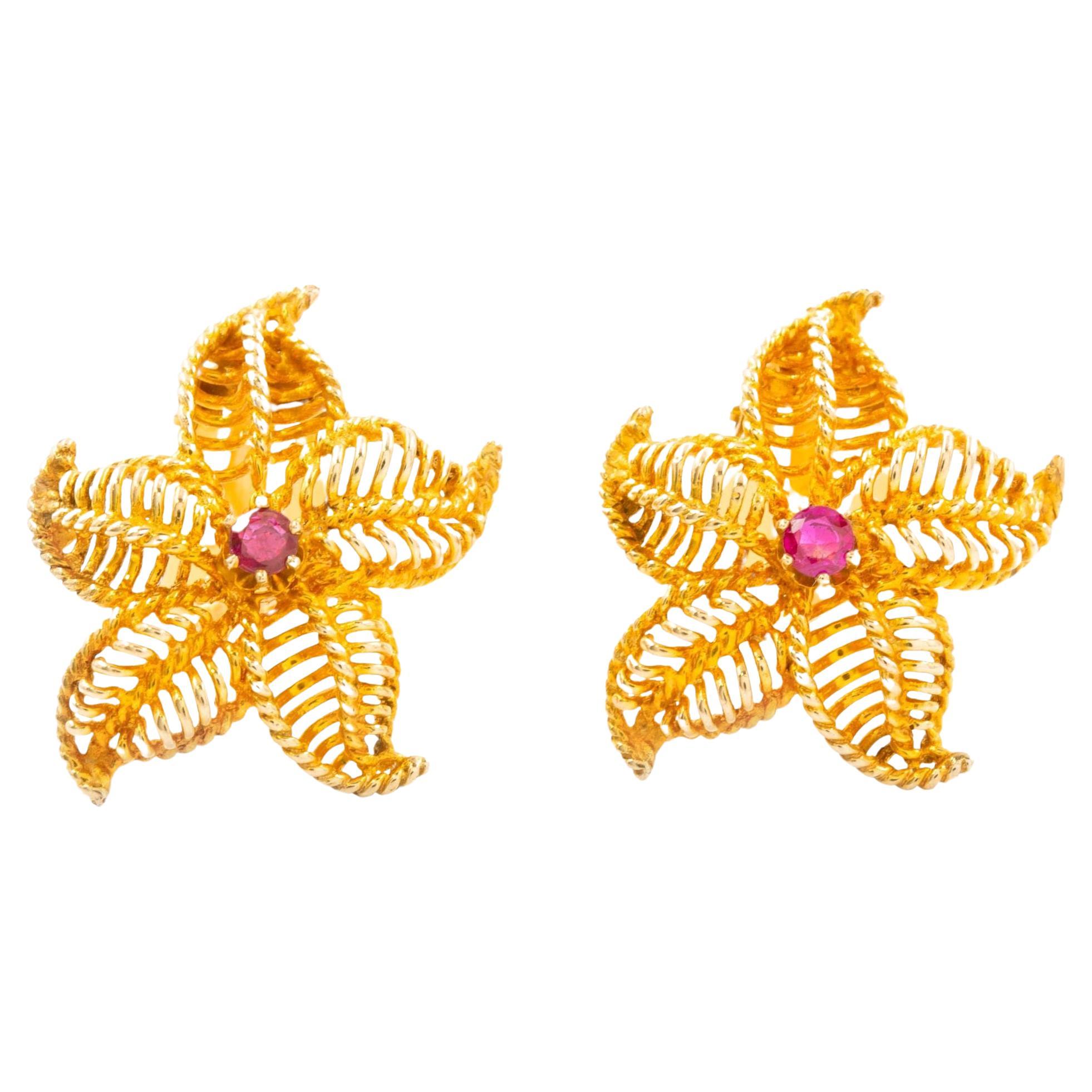 Pair of 14K Yellow Gold & Gemstone Starfish Earrings For Sale