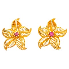 Pair of 14K Yellow Gold & Gemstone Starfish Earrings