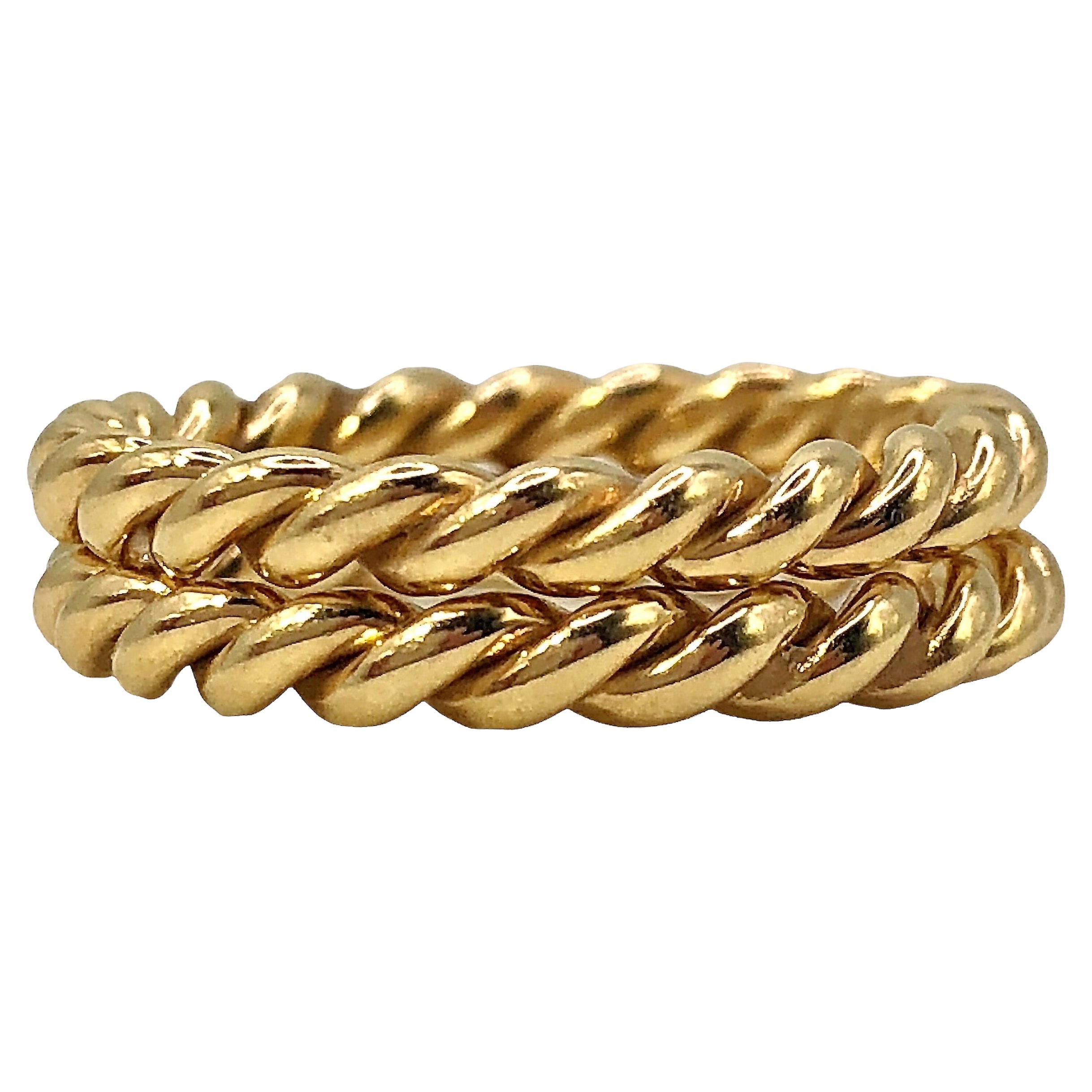 Pair of 14K Yellow Gold Handmade Twisted Rope Style Guard Band Rings For Sale