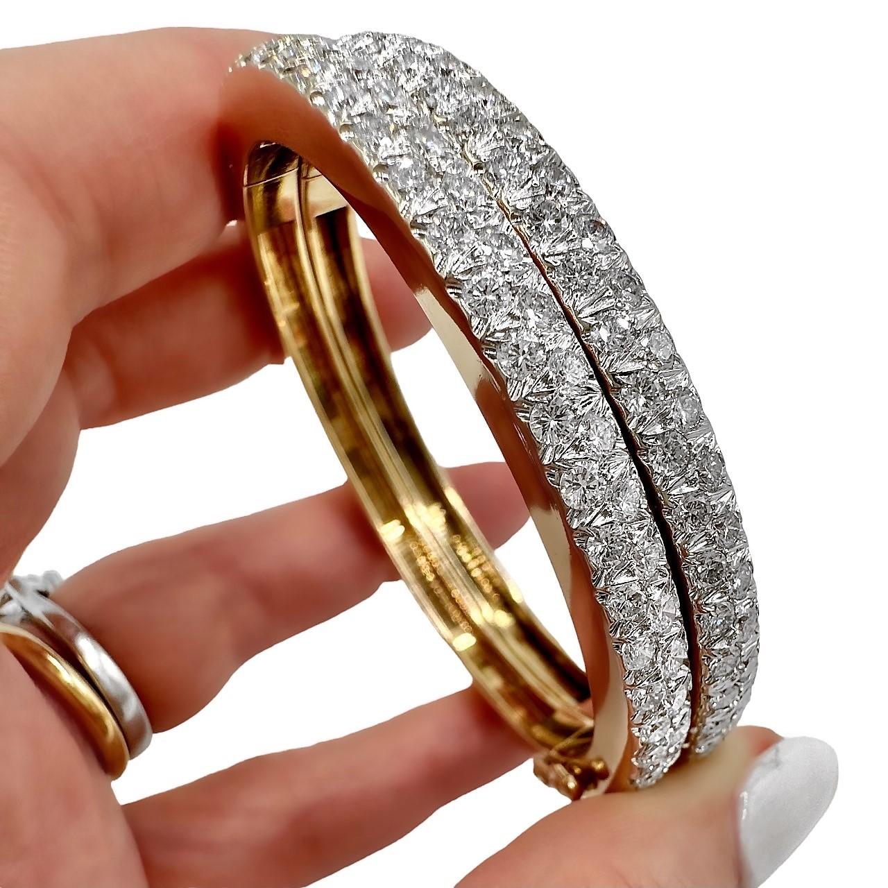 Pair of 14k Yellow Gold Oval Bangles with Pave Diamonds on across the Top For Sale 5