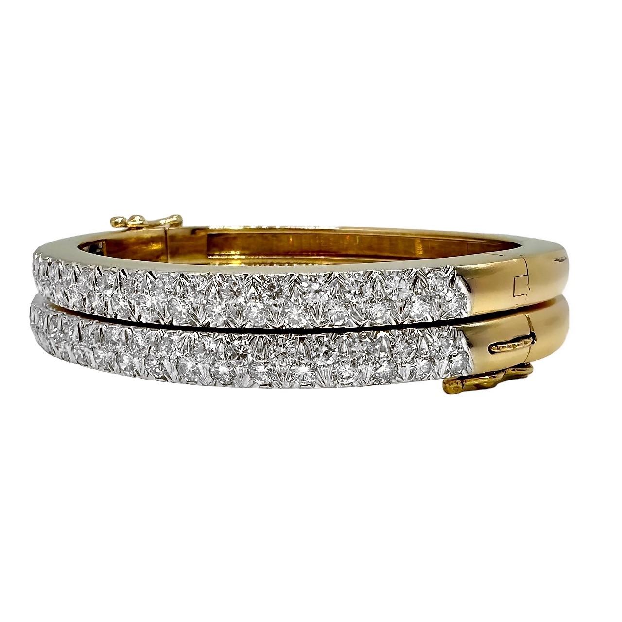 Round Cut Pair of 14k Yellow Gold Oval Bangles with Pave Diamonds on across the Top For Sale