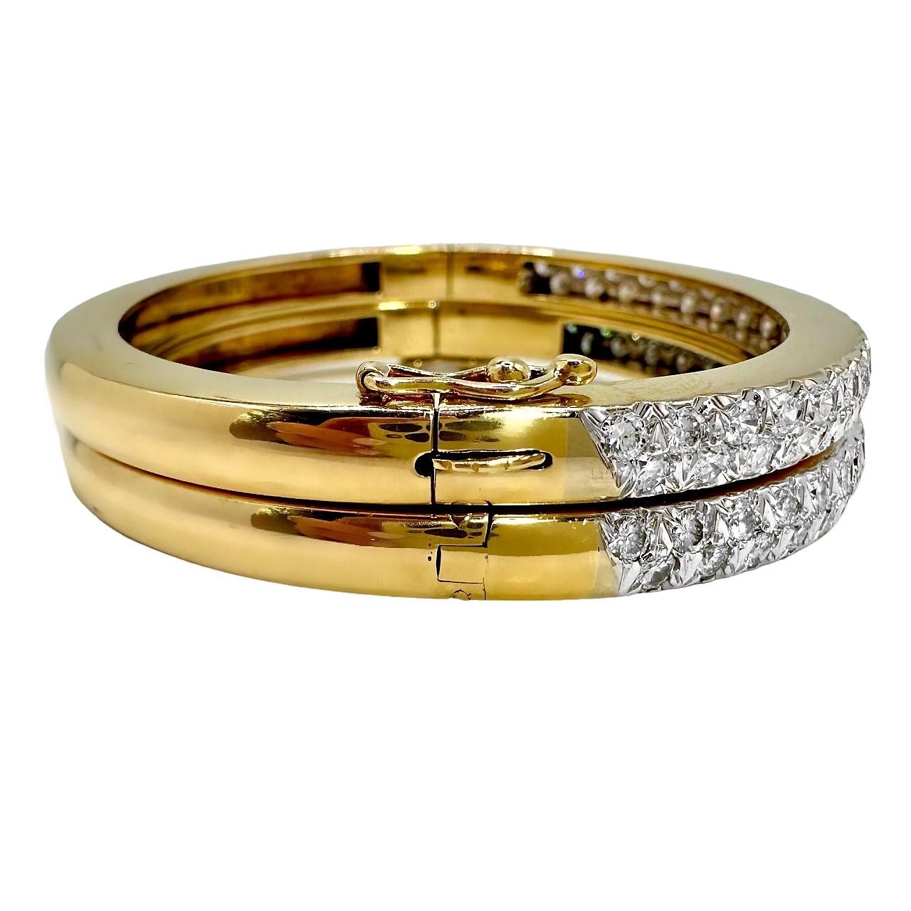 Pair of 14k Yellow Gold Oval Bangles with Pave Diamonds on across the Top For Sale 1