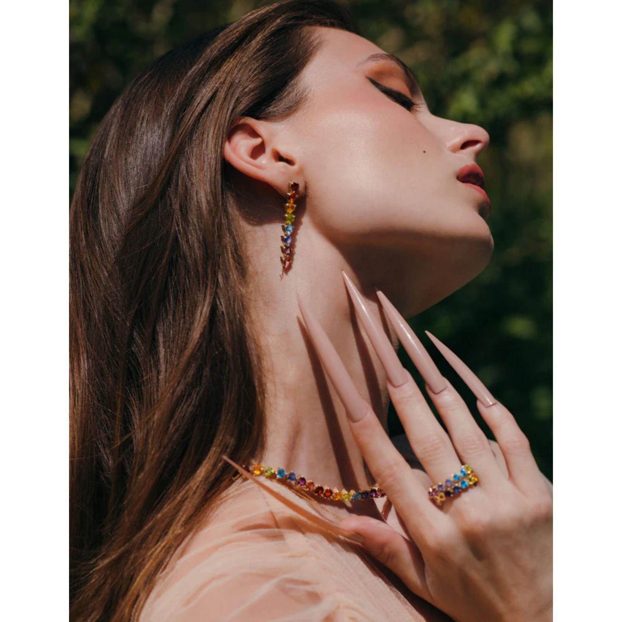 Women's Pair of 14K Yellow Gold Rainbow Heart Drop Earrings For Sale