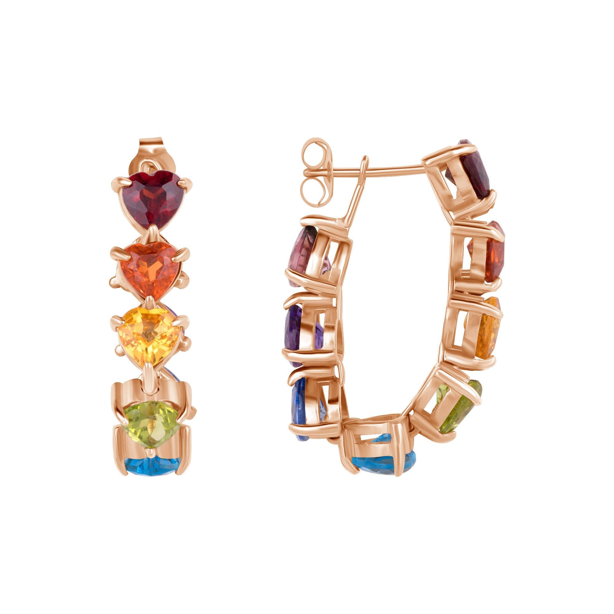 Women's Pair of 14K Yellow Gold Rainbow Heart Drop Earrings For Sale