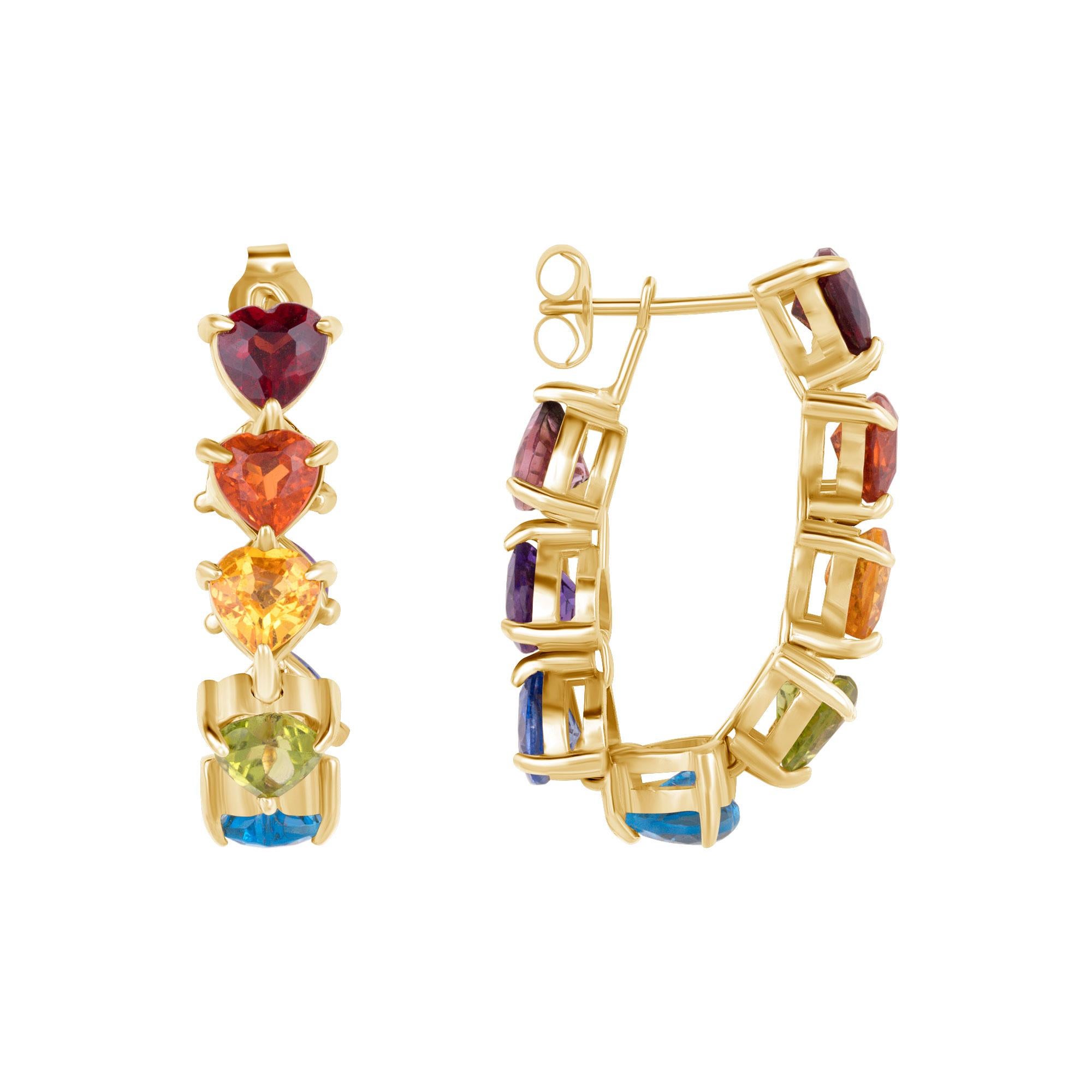 Pair of 14K Yellow Gold Rainbow Heart Drop Earrings For Sale 1