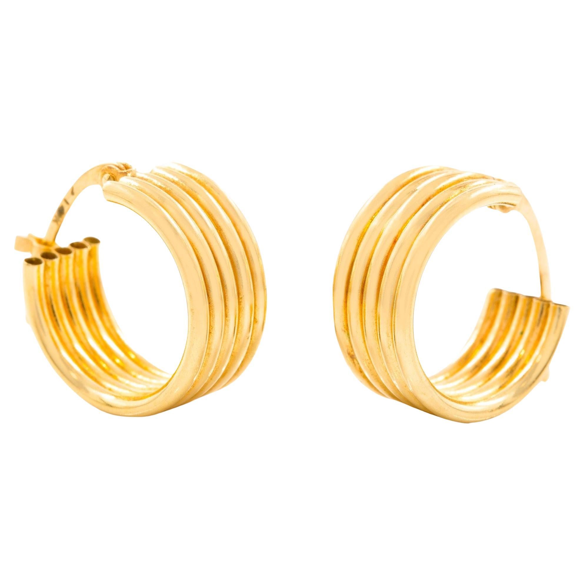 Pair of 14K Yellow Gold Ribbed Huggie Earrings For Sale