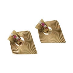 Pair of 14kt Yellow Gold Pearl & Ruby Earrings