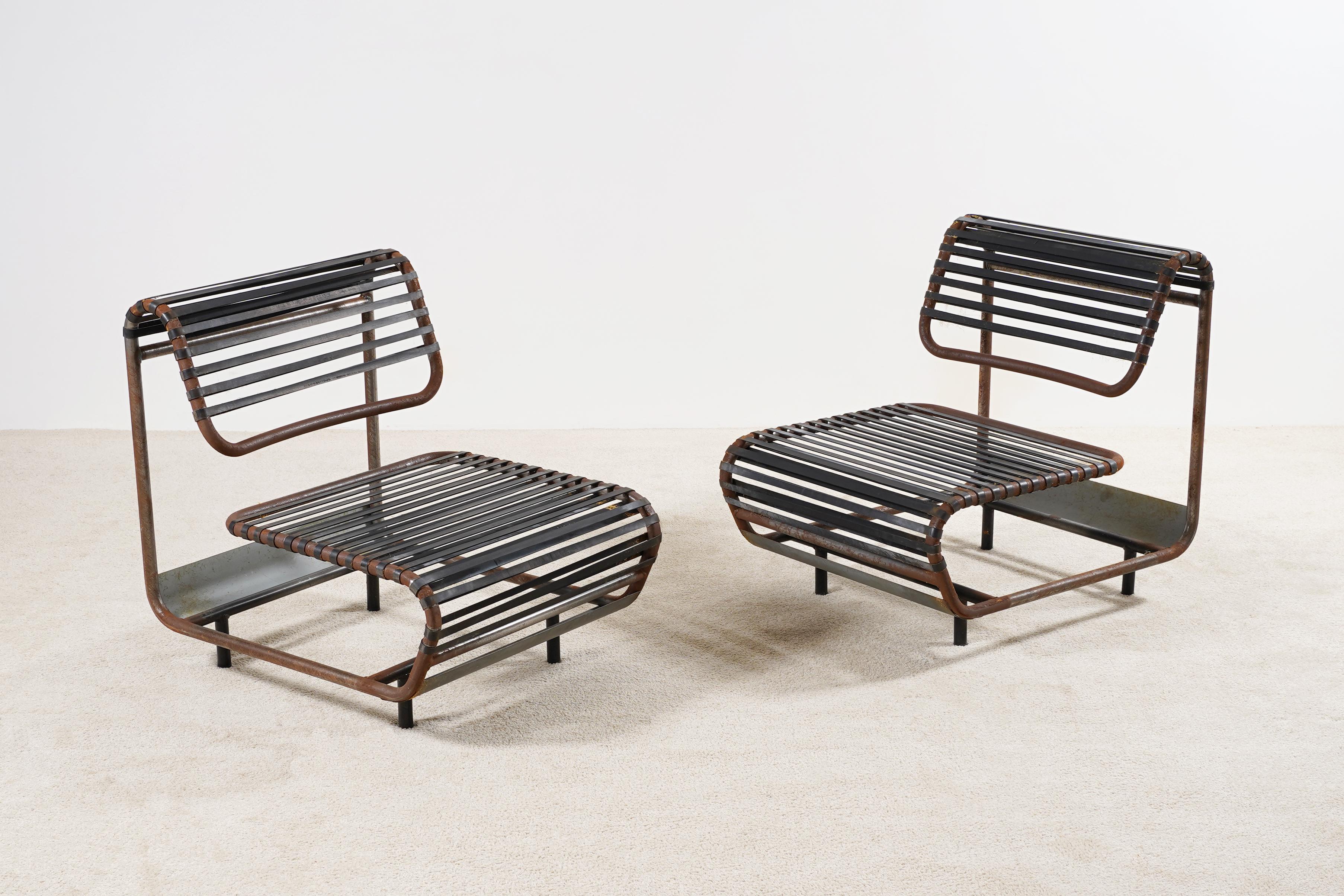 Laine Paire de chaises longues « 1500 » d'Etienne-Henri Martin pour TFM, France, 1960