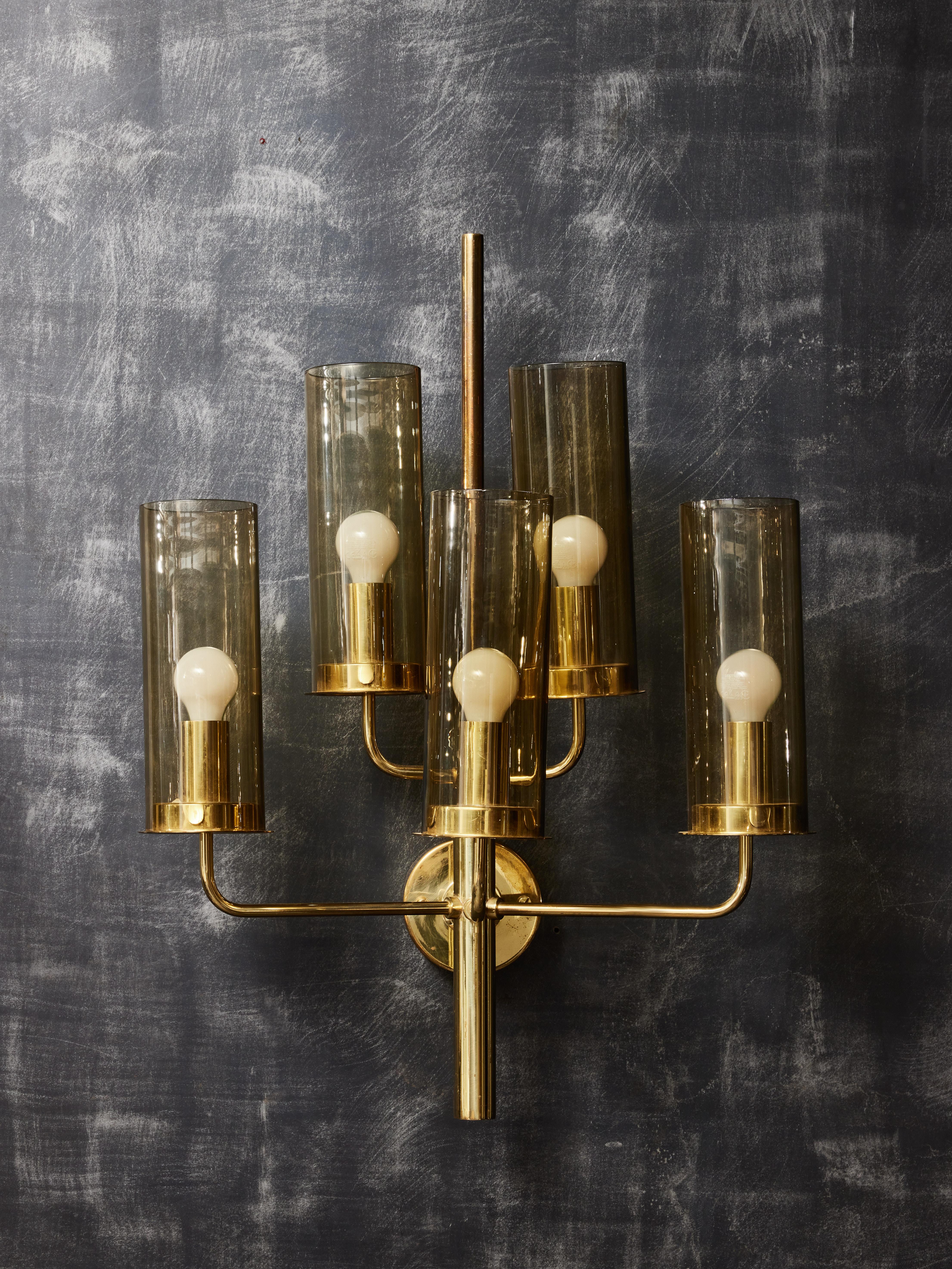 Scandinavian Modern Pair of 169/5 Brass and Glass Wall Sconces by Hans Agne Jakobsson For Sale