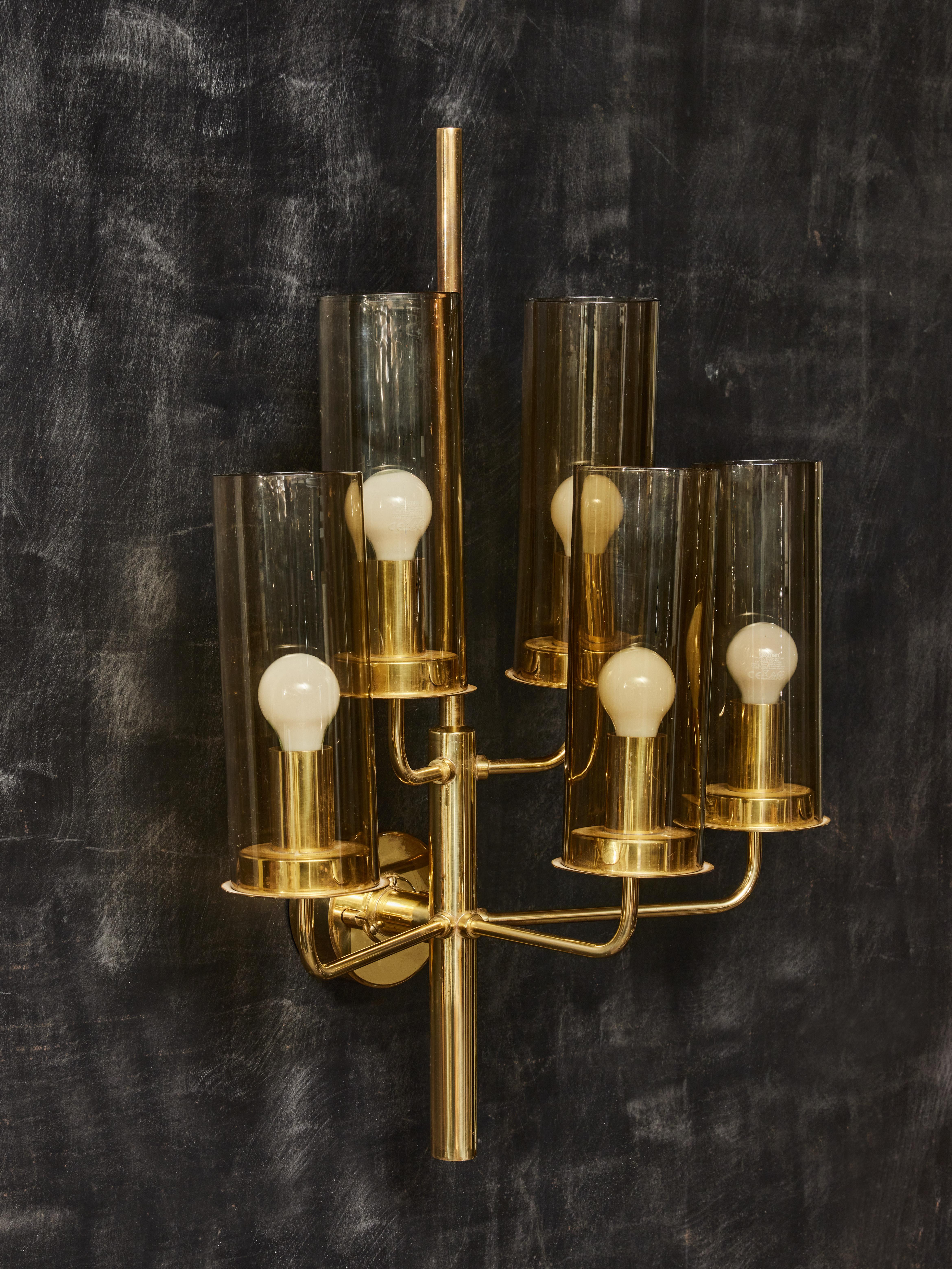 Swedish Pair of 169/5 Brass and Glass Wall Sconces by Hans Agne Jakobsson For Sale