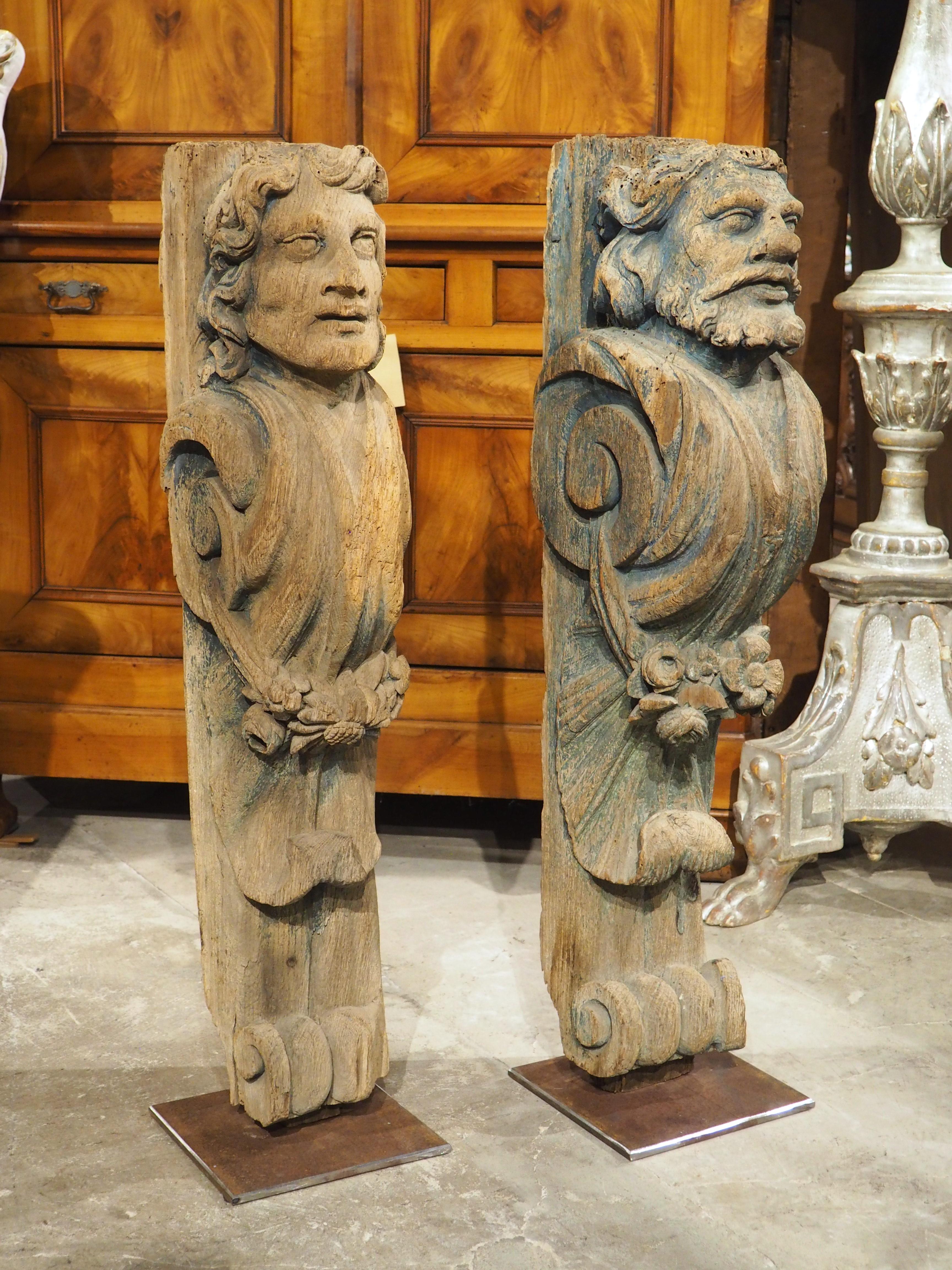 Renaissance Pair of 16th Century Carved Wooden Terms or Beam Supports from Northern Europe For Sale
