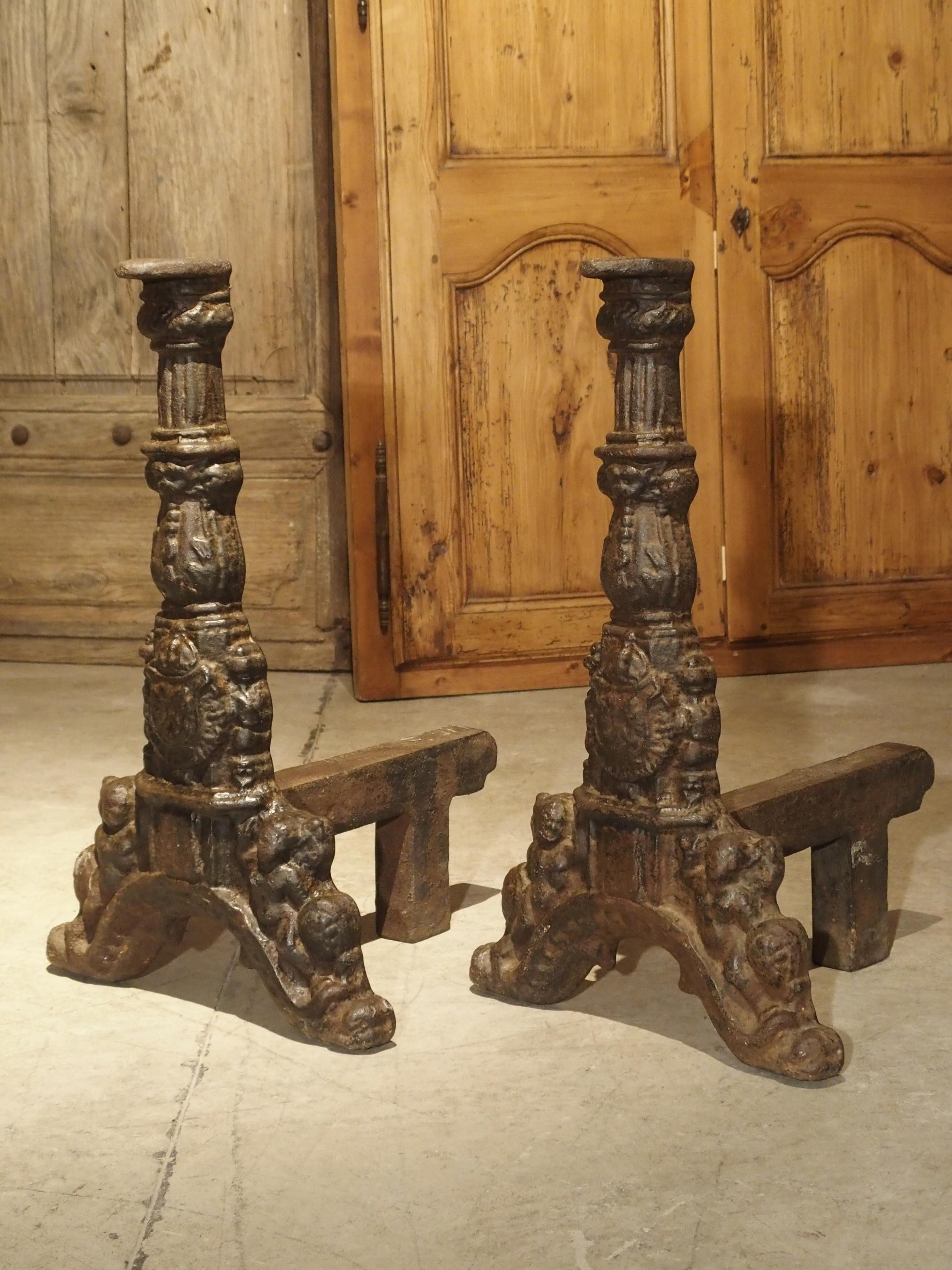 18th Century and Earlier Pair of 16th Century Chateau Fireplace Andirons from France For Sale