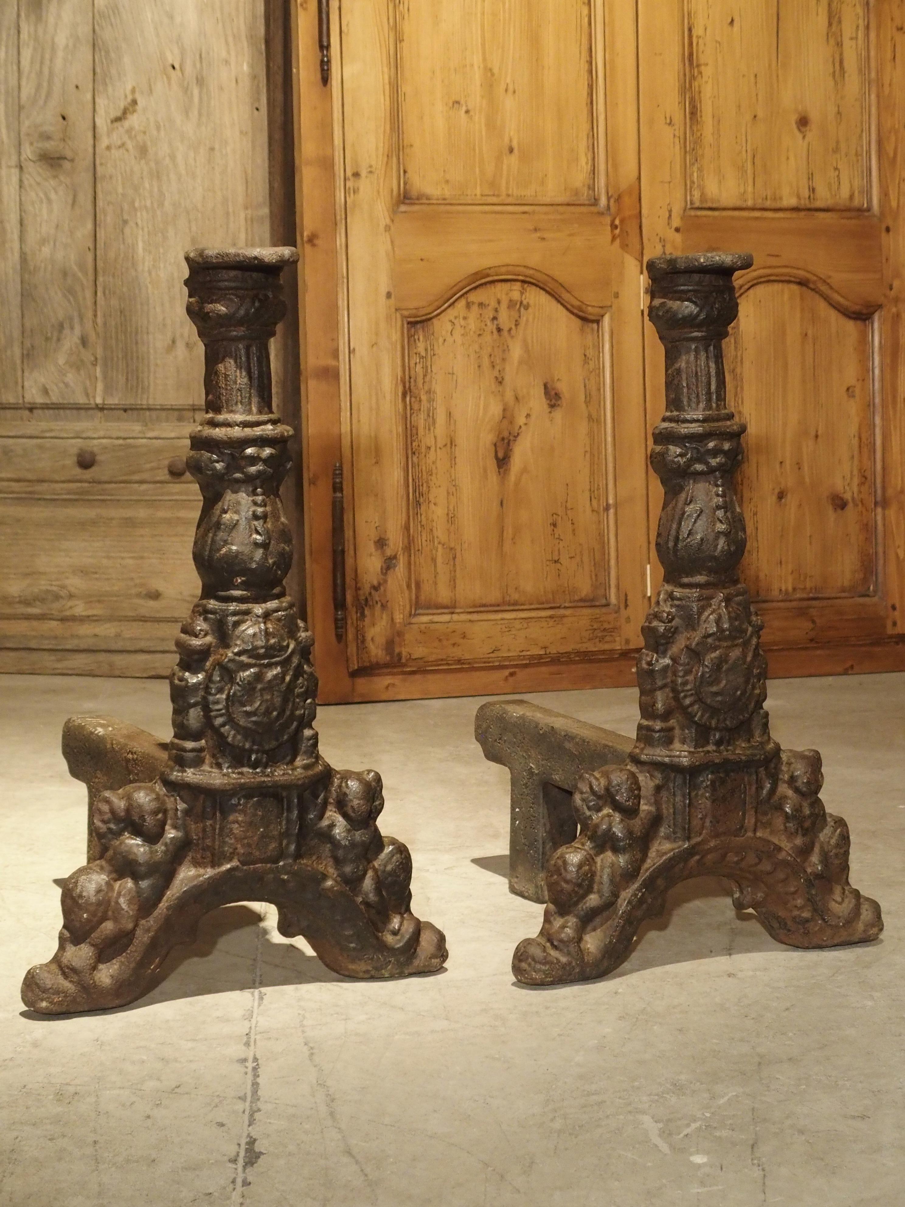 Iron Pair of 16th Century Chateau Fireplace Andirons from France For Sale
