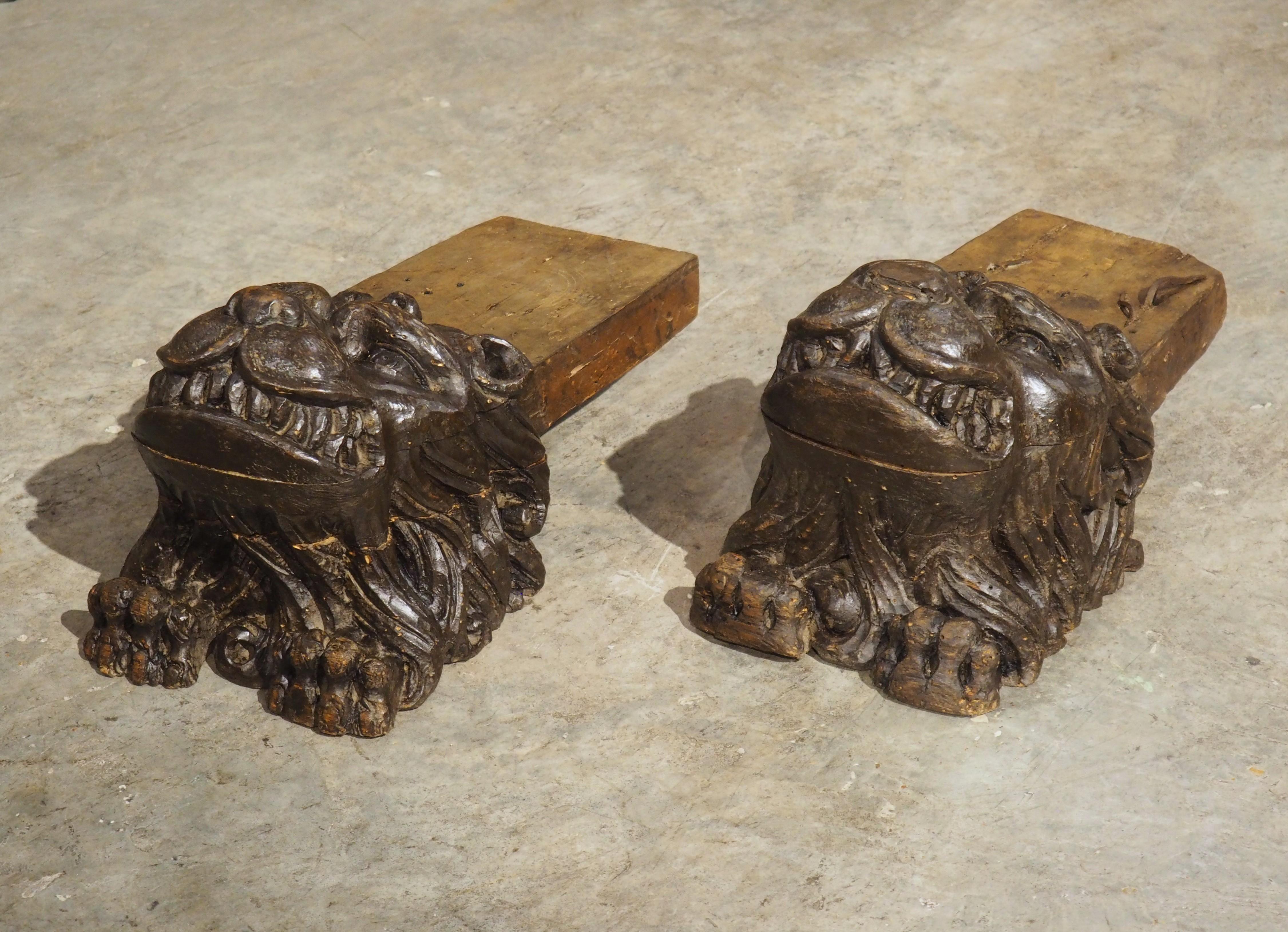 Pareja de soportes para leones de madera tallada del Renacimiento italiano del siglo XVI Tallado a mano en venta