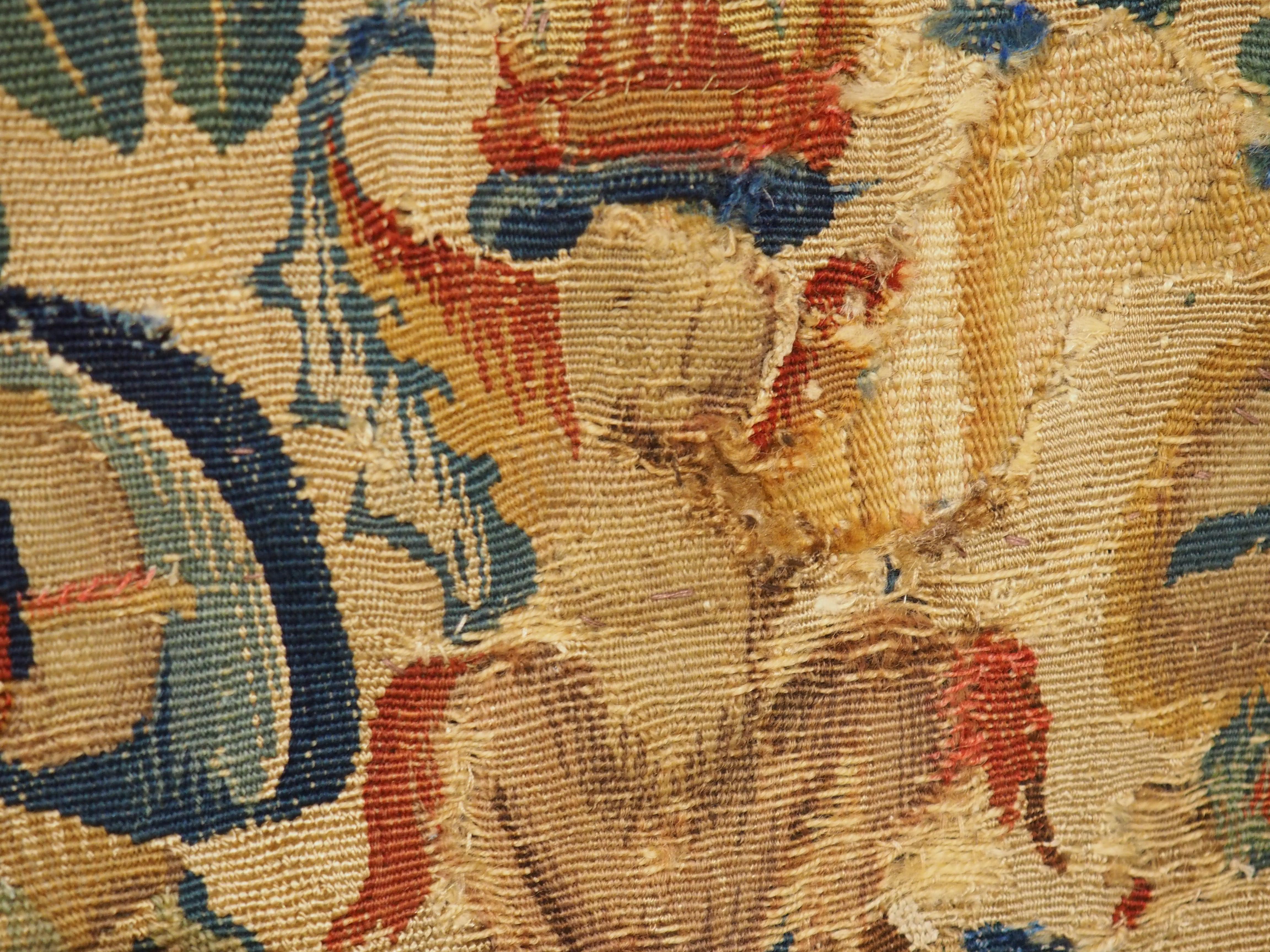 A beautiful pair of tapestry fragments, hand-woven in Brussels during the 1500s. At roughly 99 inches (over 8 feet) long, the fragments were, originally, vertical borders to a large and brightly colored period Renaissance tapestry. Some areas have