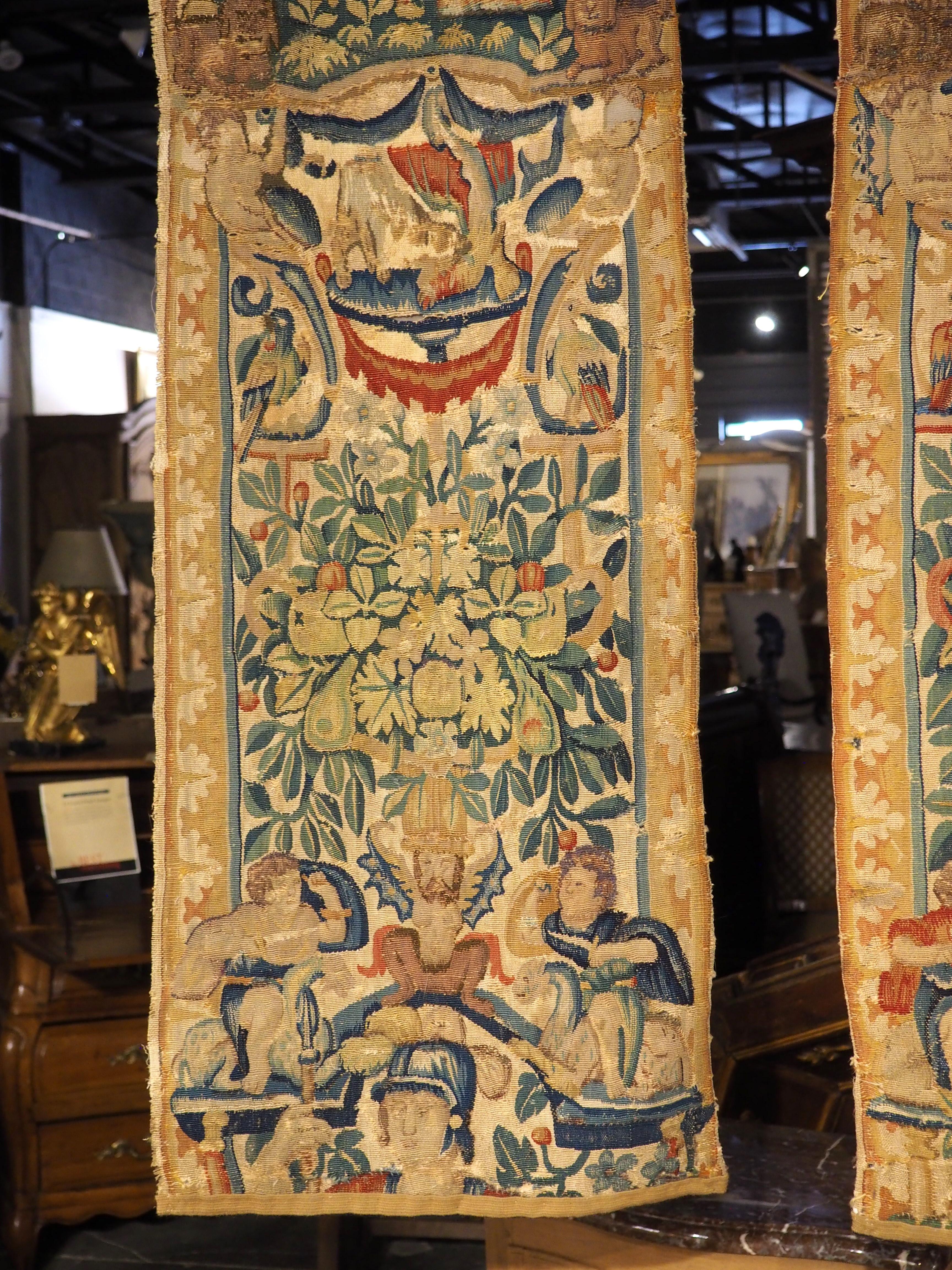 Renaissance Pair of 16th Century Silk Tapestry Borders from Brussels, H-98.75 Inches For Sale
