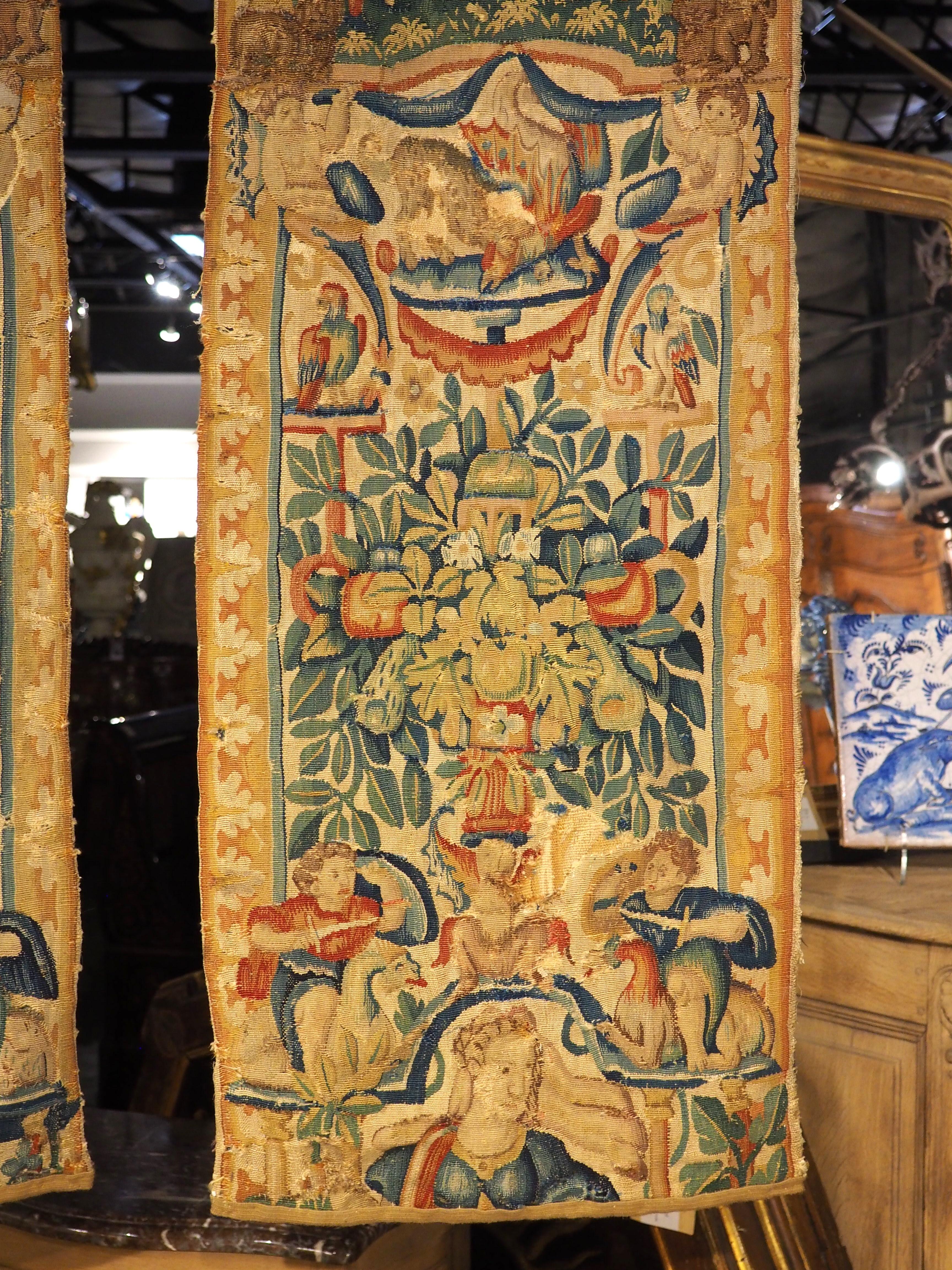Belgian Pair of 16th Century Silk Tapestry Borders from Brussels, H-98.75 Inches For Sale