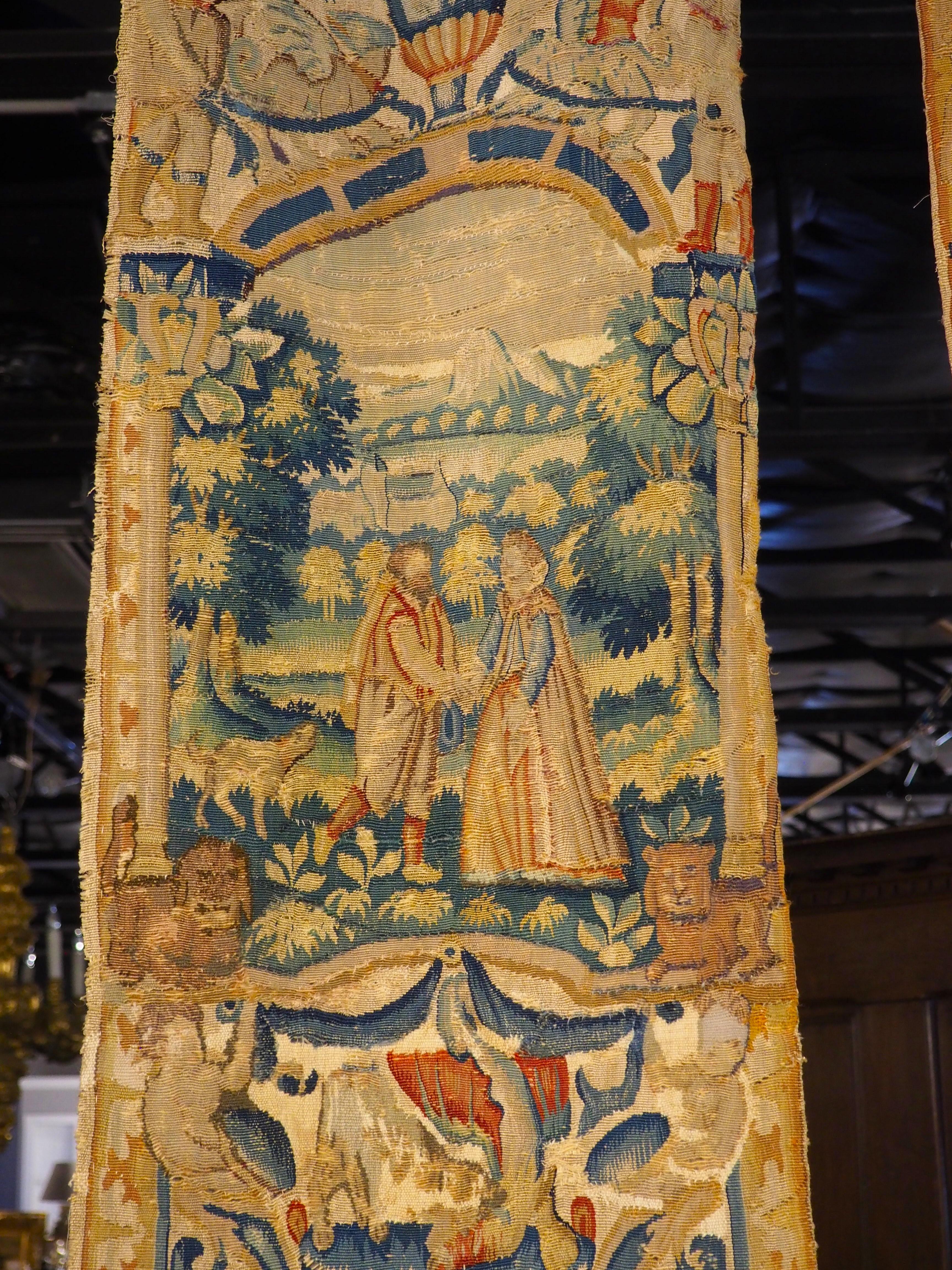 Hand-Woven Pair of 16th Century Silk Tapestry Borders from Brussels, H-98.75 Inches For Sale