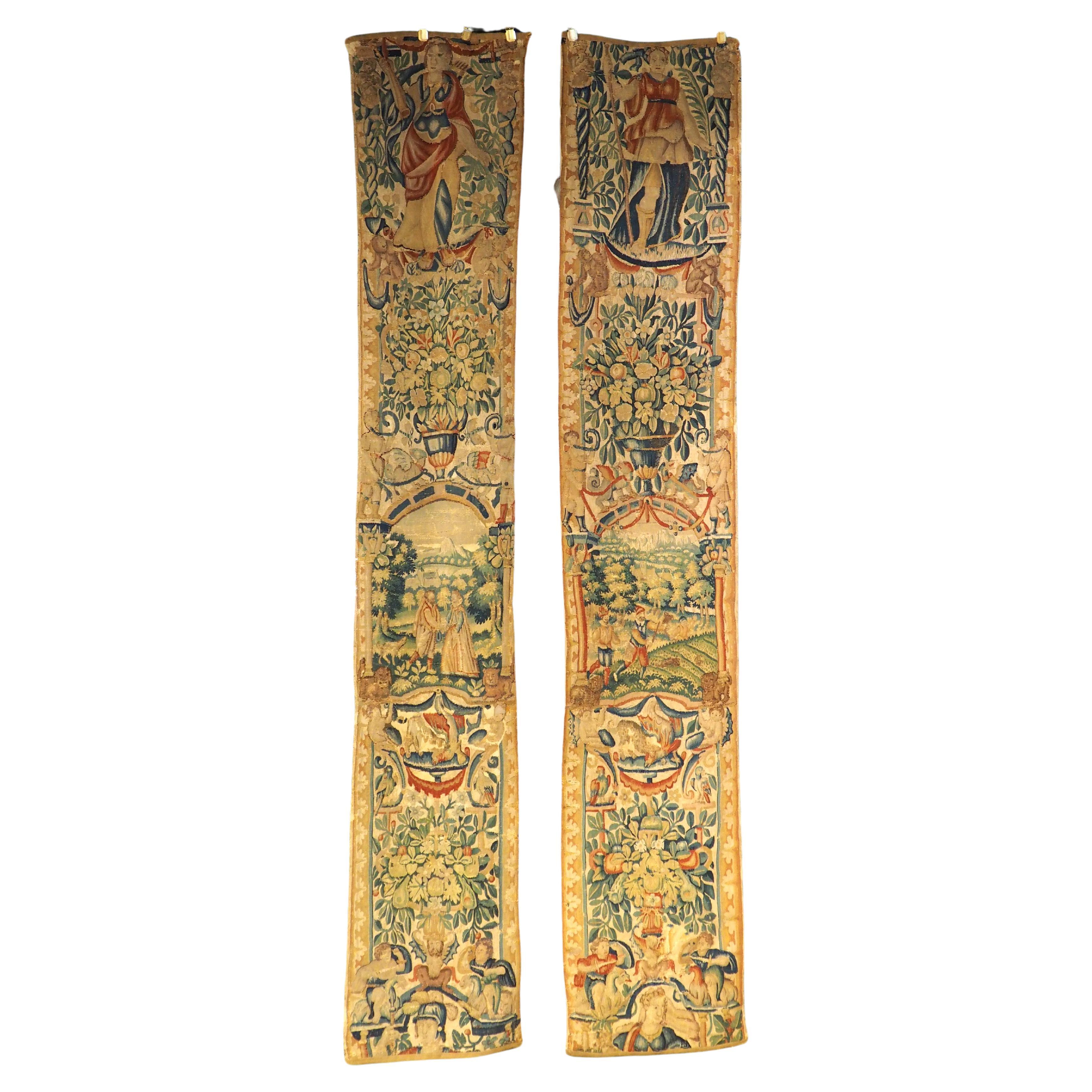 Pareja de cenefas de tapiz de seda del siglo XVI procedentes de Bruselas, H-98,75 pulgadas