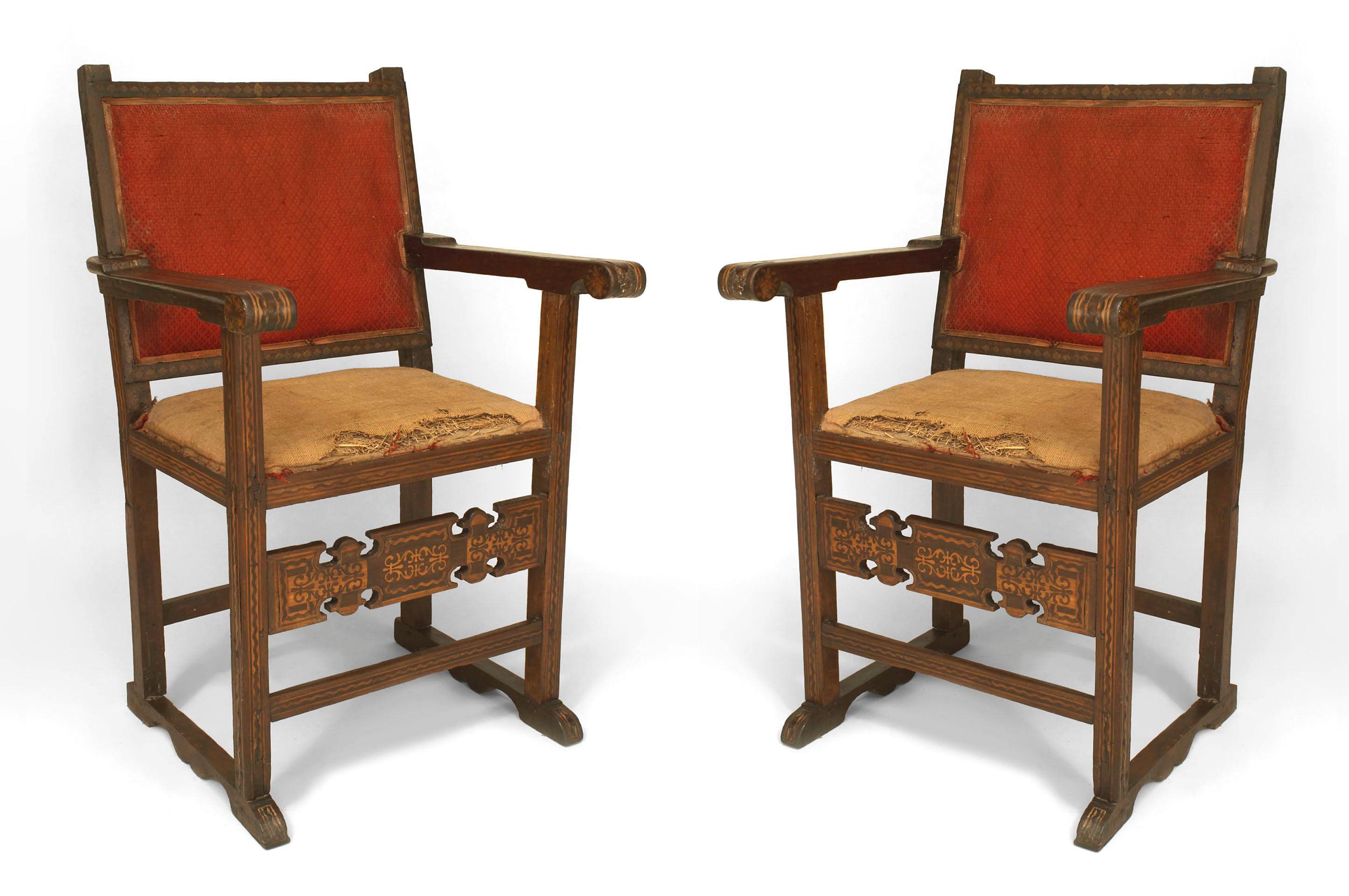 Pair of Spanish Colonial (South American possibly 16th Cent) walnut Armchairs with a square back and from stretcher with a geometric inlaid design.
