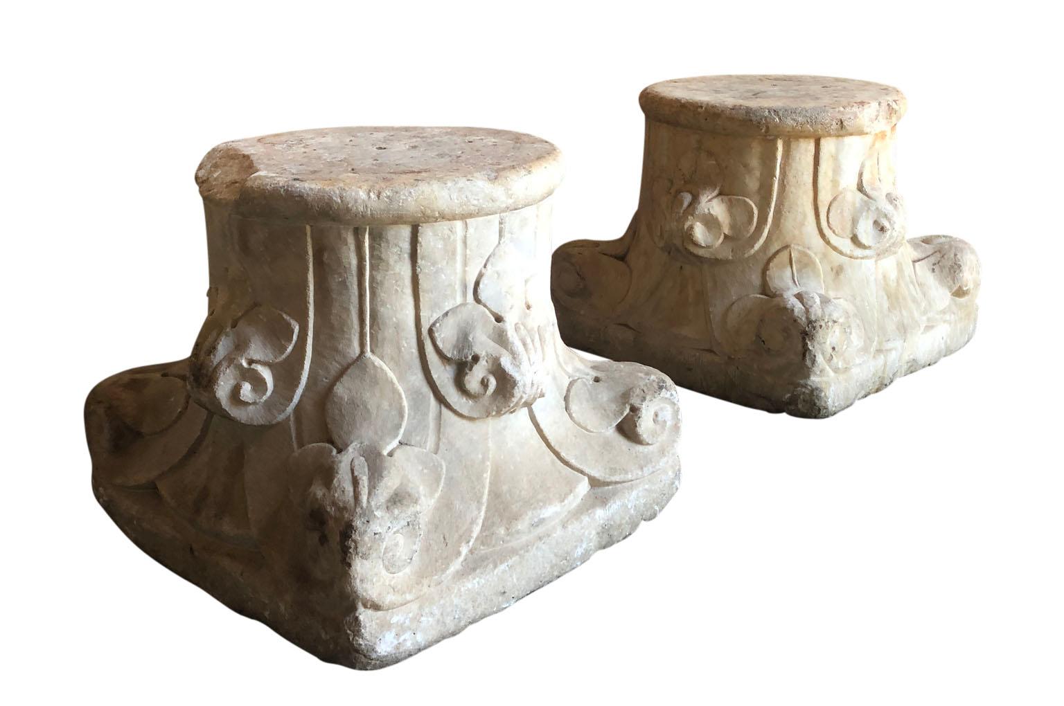 Hand-Carved Pair of 16th Century Stone Capitals For Sale