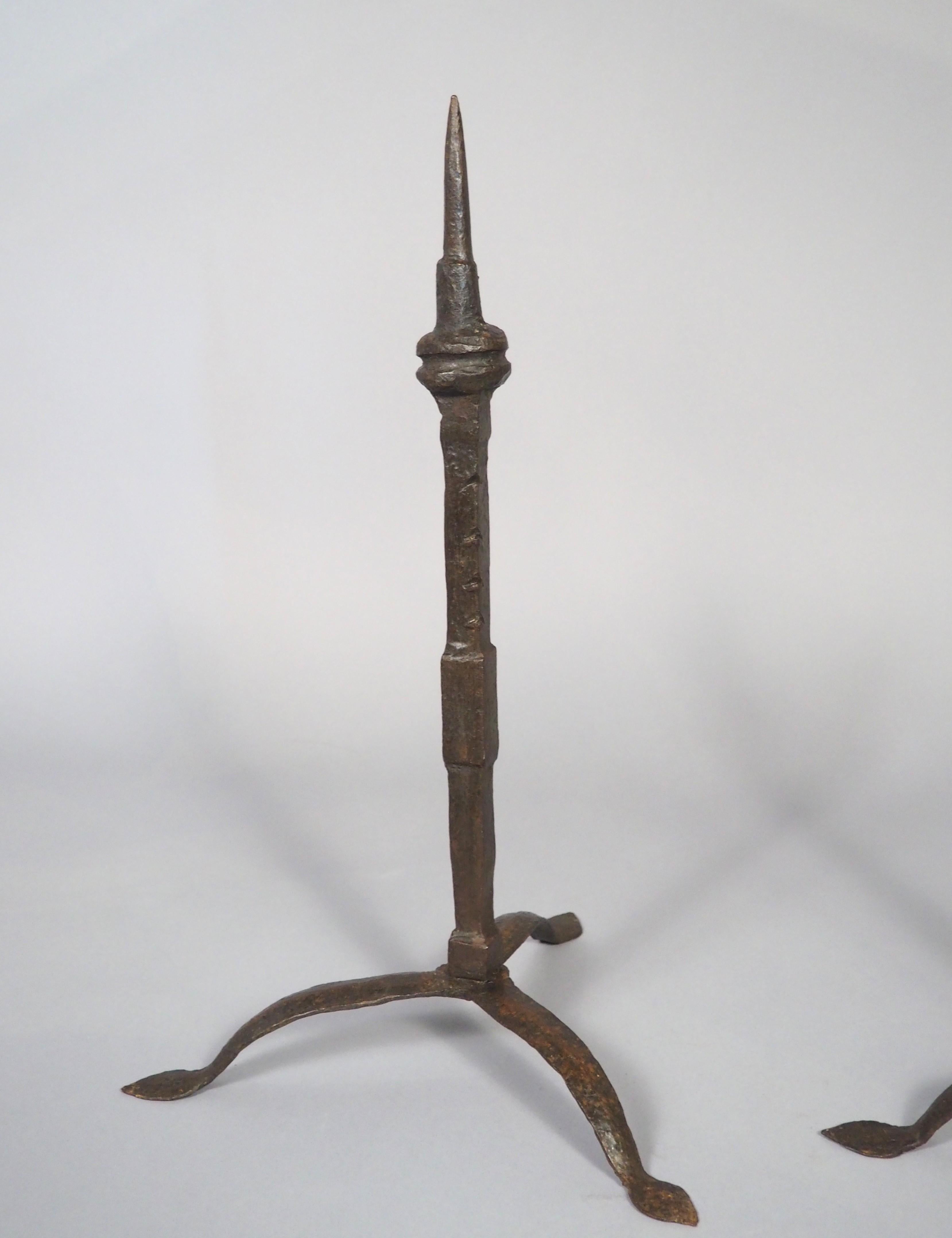 Pair of 16th or 17th Century Italian Forged Iron Tripod Pricket Candlesticks For Sale 4