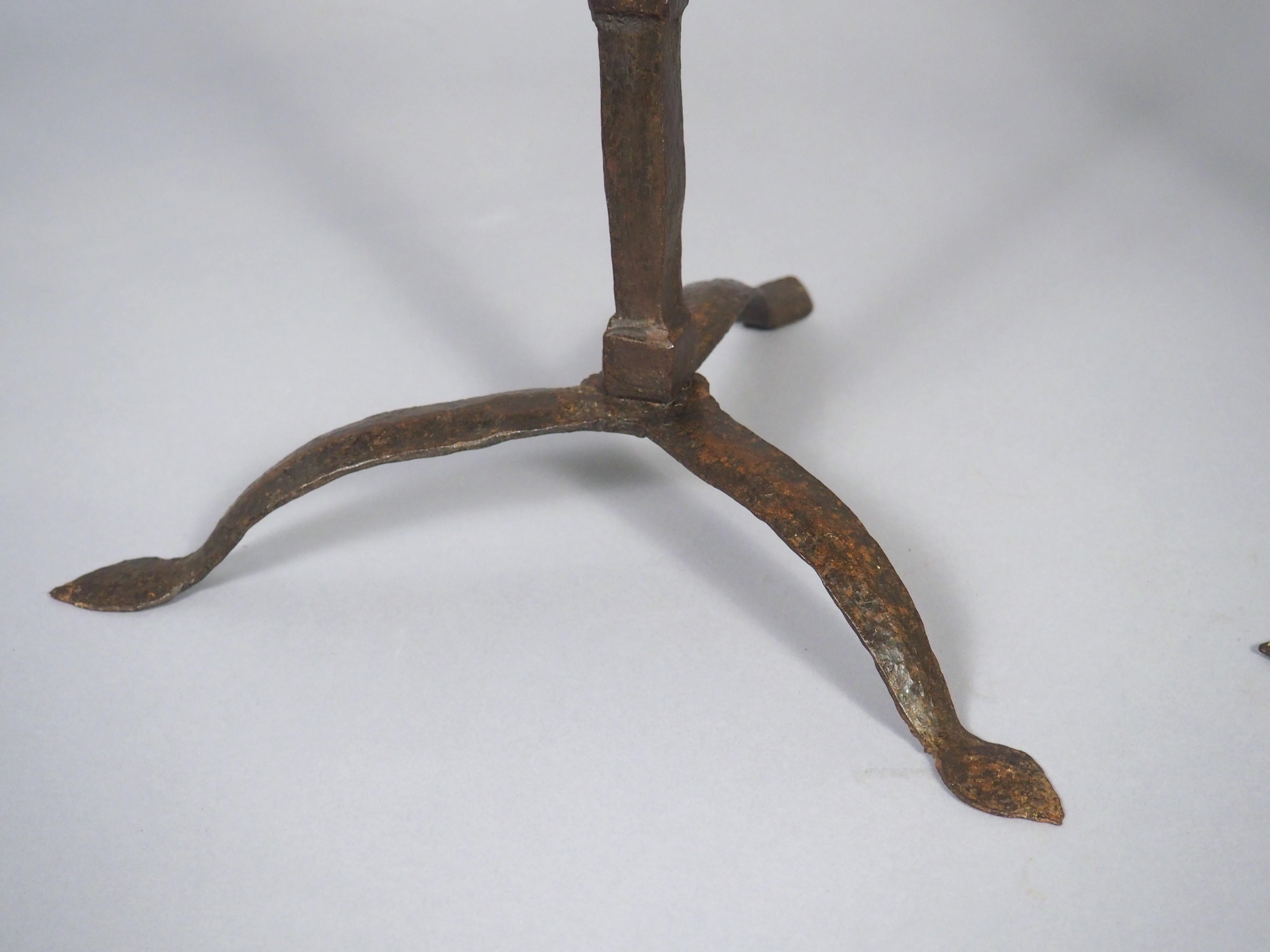 Pair of 16th or 17th Century Italian Forged Iron Tripod Pricket Candlesticks For Sale 6