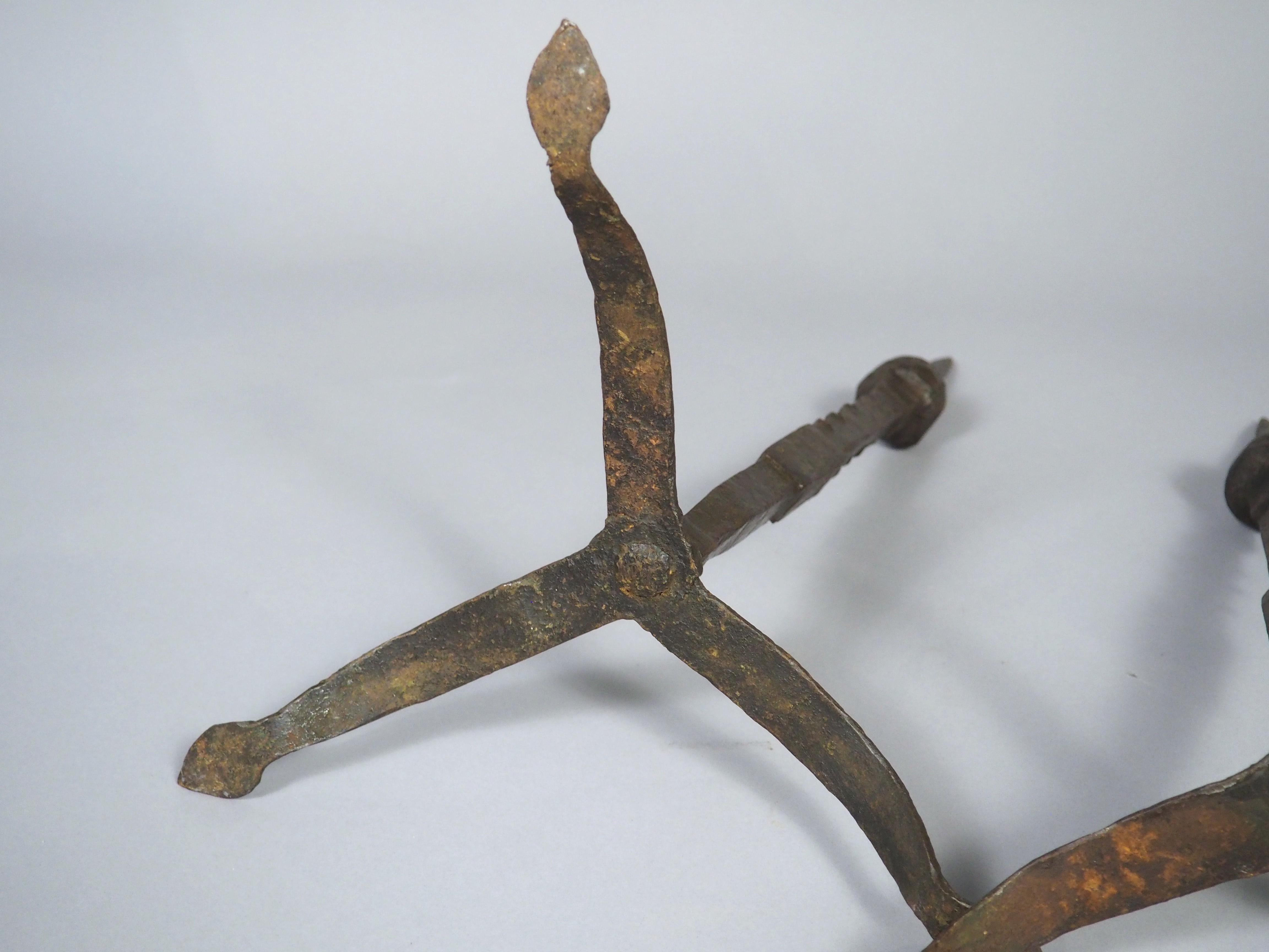 Pair of 16th or 17th Century Italian Forged Iron Tripod Pricket Candlesticks For Sale 7